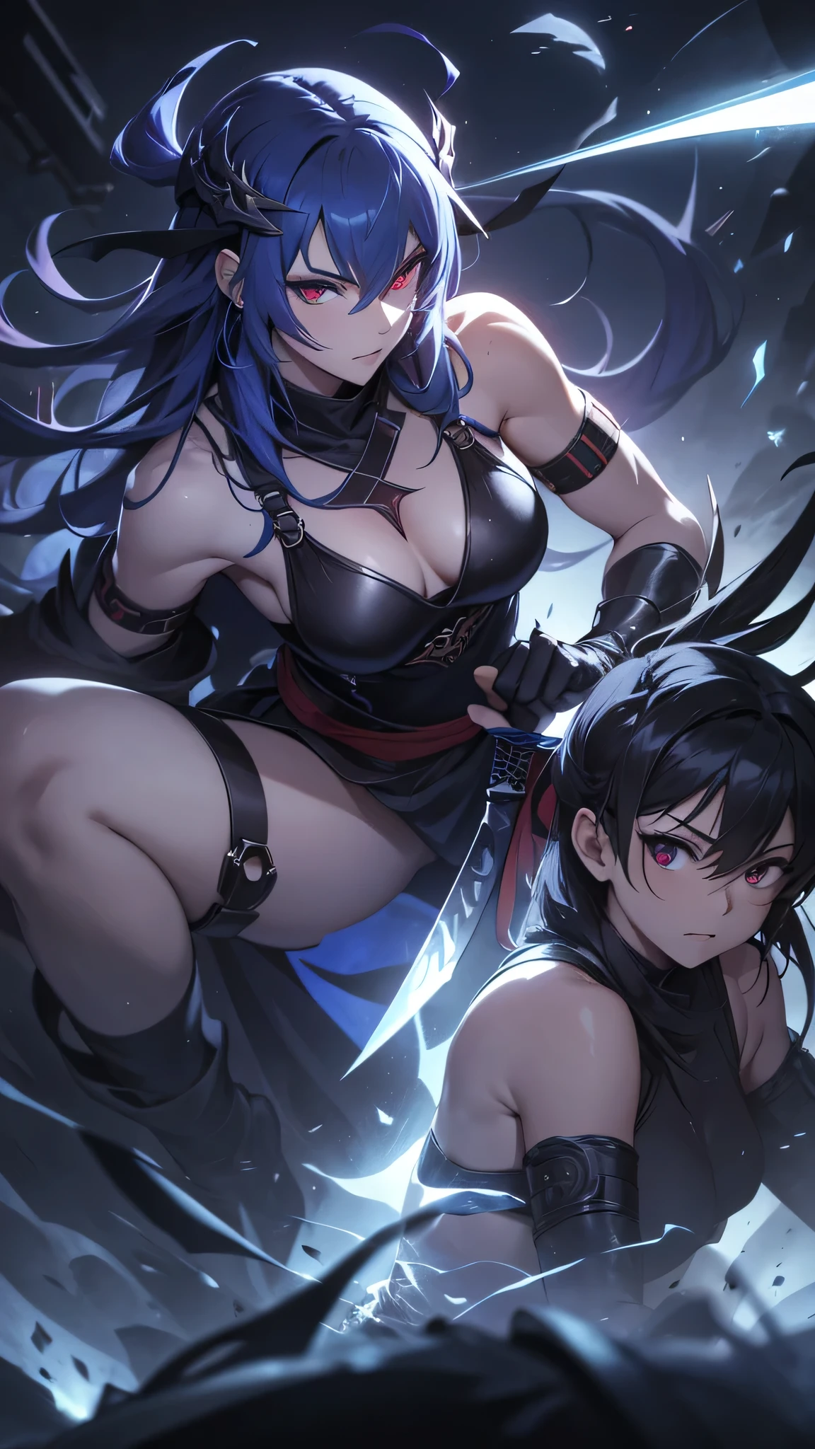 Highest quality、Highest quality、Masterpiece、girl((Age 25、as soon as、Highest Bust、Medium Bust、Wide open chest、Red glowing eyes、Black Ear、Red Mesh、Disheveled Hair、Loincloth、thin、The best valley、Open chest、Luminous Wristbands、hair ornaments、Full body view、Tank top、Black ninja costume、scar、Full body scar、Fighting Pose,Japanese sword、A little muscular、Blue aura))、high quality、Beautiful Art、background((night、Ninja World))、flight、Flying Debris、Depth of text、movie、Visual Arts、Perfect Art、8K、Genuine、