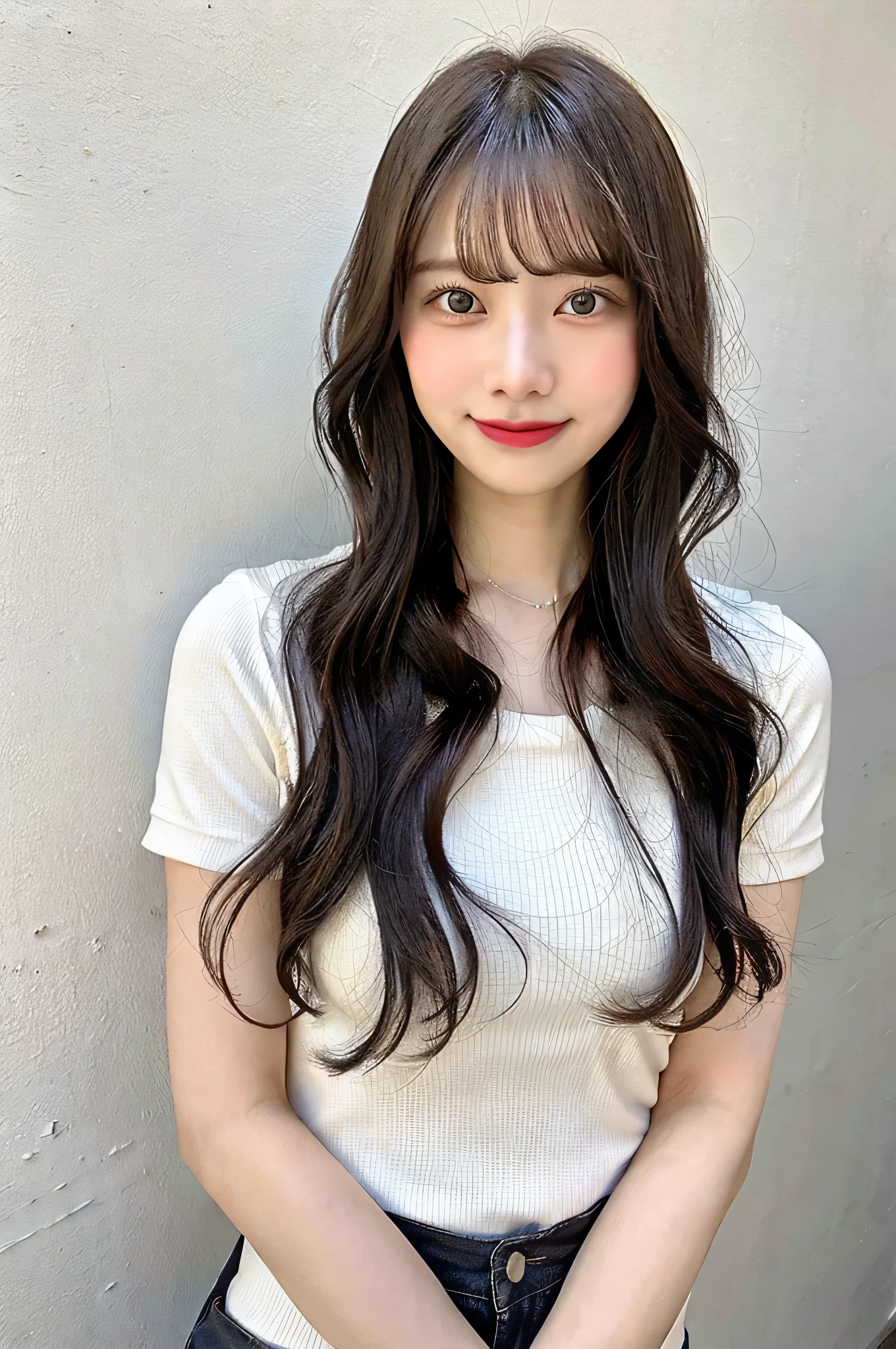 Japanese, one person, 24-years-old, cute, smile, bright, The background is the seaside, Sunlight, one piece, highest quality, shape, Very detailed, finely, High resolution, 8k wallpaper, Perfect dynamic composition, Beautiful and exquisite,one person,Small face, higheSt quality, 1. Beautiful Women, 28 yearS old, S, 35mm lenS, debt/1, Cowboy Shot, Concrete Background、Tile Background、Big wavy hair、Shirt、light brown、Tile wall