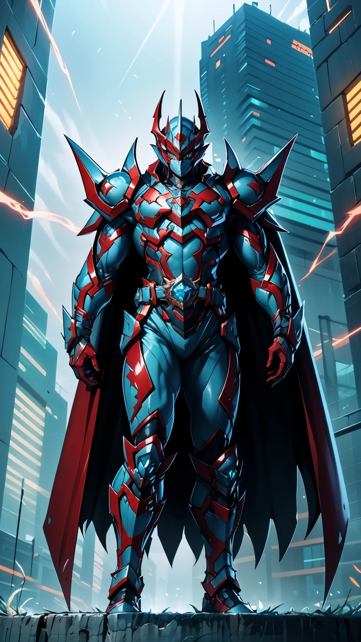 A man wearing a full-face helmet, a fantasy-style biotech armored combat suit, green eyes, (a composite layered chest armor), fully enclosed shoulder guards, matching arm and leg guards, the belt is adorned with fangs biting into gemstone, (the color scheme is primarily blue with black and red accents), the design balances heavy with agility, a high-tech bio-mecha armor, (Armor Concept Inspired by Vampire, the huge cape fluttering in the wind, stand on the top of a skyscraper in a futuristic sci-fi city), this character embodies a finely crafted fantasy-surreal style armored hero in anime style, exquisite and mature manga art style, (battle damage, element, blood, plasma, energy, the armor glows), ((male:1.5)), metallic, real texture material, dramatic, high definition, best quality, highres, ultra-detailed, ultra-fine painting, extremely delicate, professional, perfect body proportions, golden ratio, anatomically correct, symmetrical face, extremely detailed eyes and face, high quality eyes, creativity, RAW photo, UHD, 32k, Natural light, cinematic lighting, masterpiece-anatomy-perfect, masterpiece:1.5