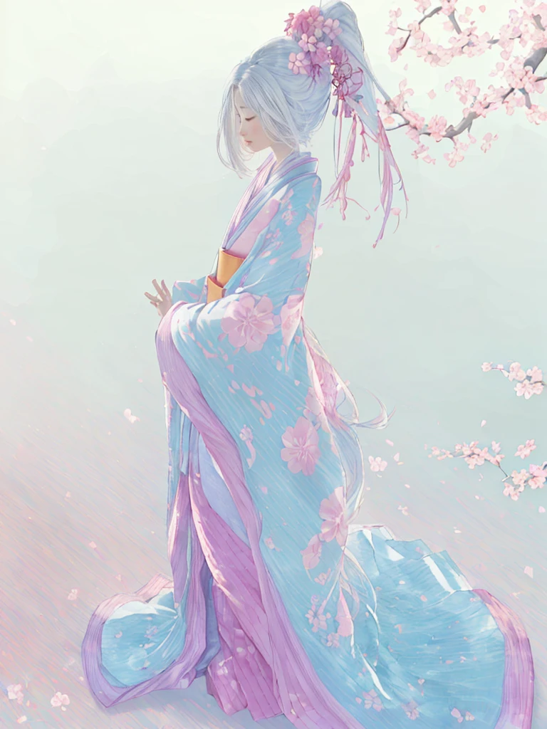 juunihitoe，Dreamy watercolor painting,　whole body，((１Girl Girl ))，Realistic，lips，Tabletop，highest quality，(((Smooth straight hair　Long, beautiful, flowing white hair　wealthy)))，Beautiful round eyes，Skin Texture、Japanese Kimono、(band、pink:1.2)、detailed、The hem of the hakama is long、((Gazing into the distance)), pinkのコート，Dynamic configuration、Cherry blossoms fluttering in the air against a deep background，It was foggy, Bokeh, It was foggy, Dutch Angle, Afterimage, Minimalism，Movie-like scene, Cinema Lighting，Beautiful watercolor portrait, Abstract background