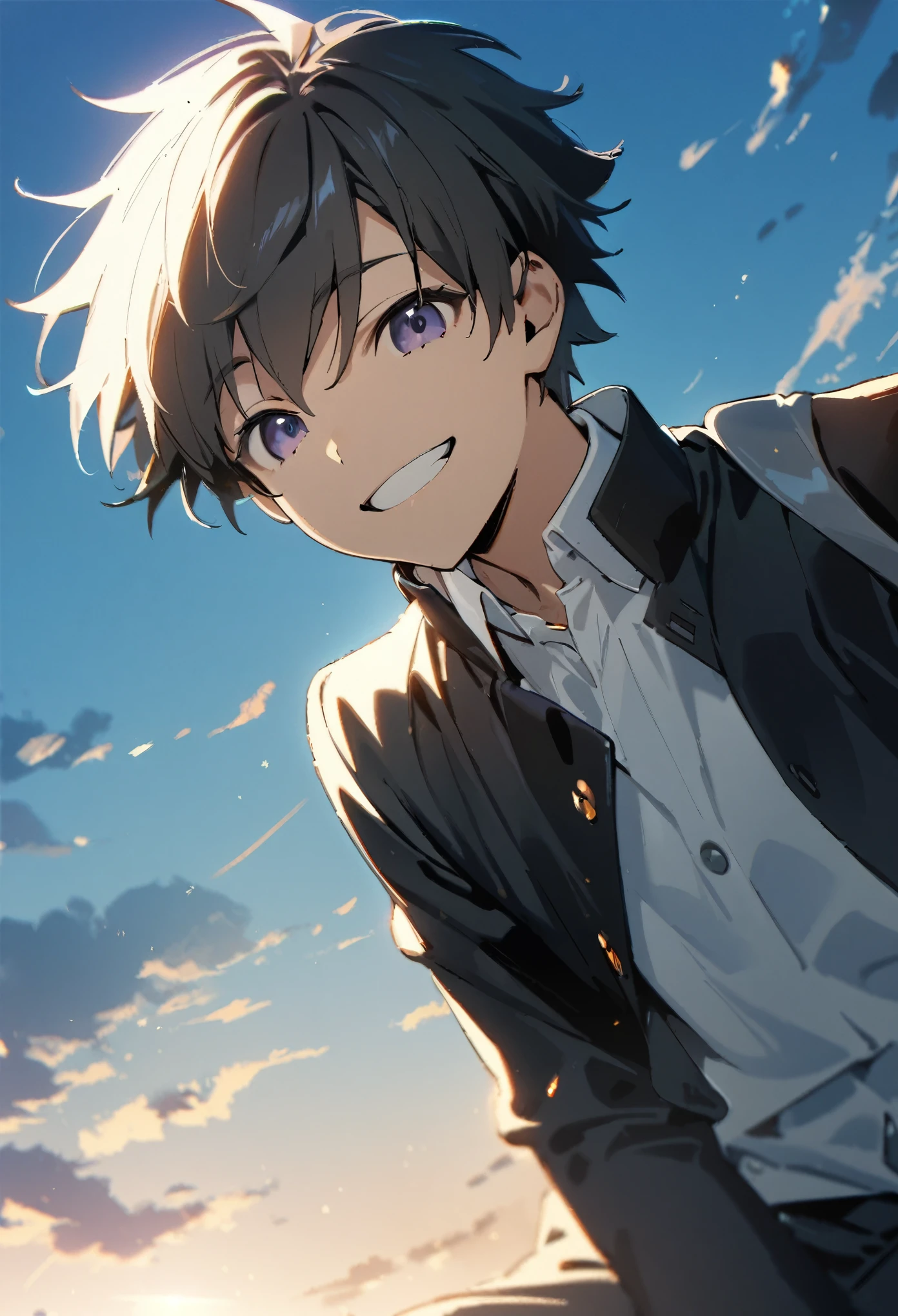 1boy,,smile,Black collared jacket,gakuran,white open collared shirt,Soft Light,blue sky,School Bags,detailed skin,masterpiece,best quality,Top Quality,High quality,