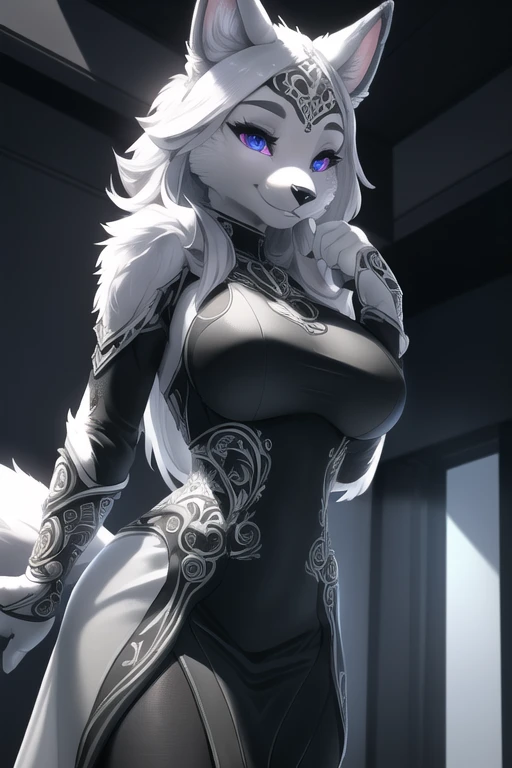 (best quality, highest quality, intricate, highres, 8k, anthropomorphic Sexy Pretty, furry, uploaded_on_e621:1.4), (furry:1.2), Black/White fur, tail, colors elements on fur, Large breasts, clothed, destiny, (Grey BodyCon Dress:1.2), standing, idle pose, very happy, beautiful Below view, pov, close-up, beautiful lights and shadows, ambient light, ultra-detailed fur, volumetric light, (extreme detailed eye's:1.4)