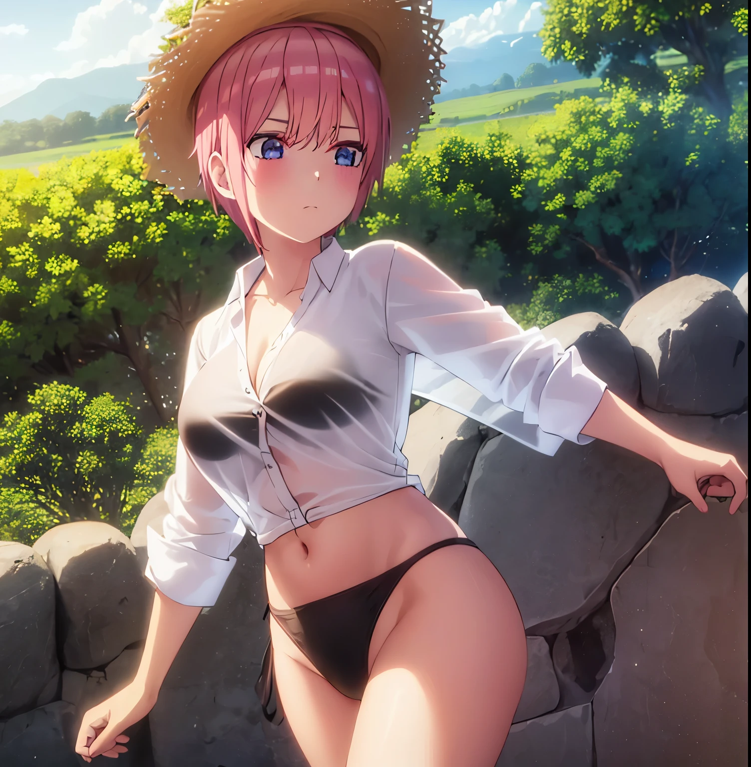 1 girl, alone, ichika nakano, 2d, masterpiece, best quality, anime, very detailed, big breasts, medium waist, wide hips, round butt, cowboy shot, pink hair, short hair, straw hat, (white shirt : 1.4), open shirt, (black bikini: 1.4), (black bra: 1.4)(black thong: 1.4), beach, sea, sunny, clouds, standing, looking at viewer, head-on, point of view (from below), perfect anatomy, perfect hands