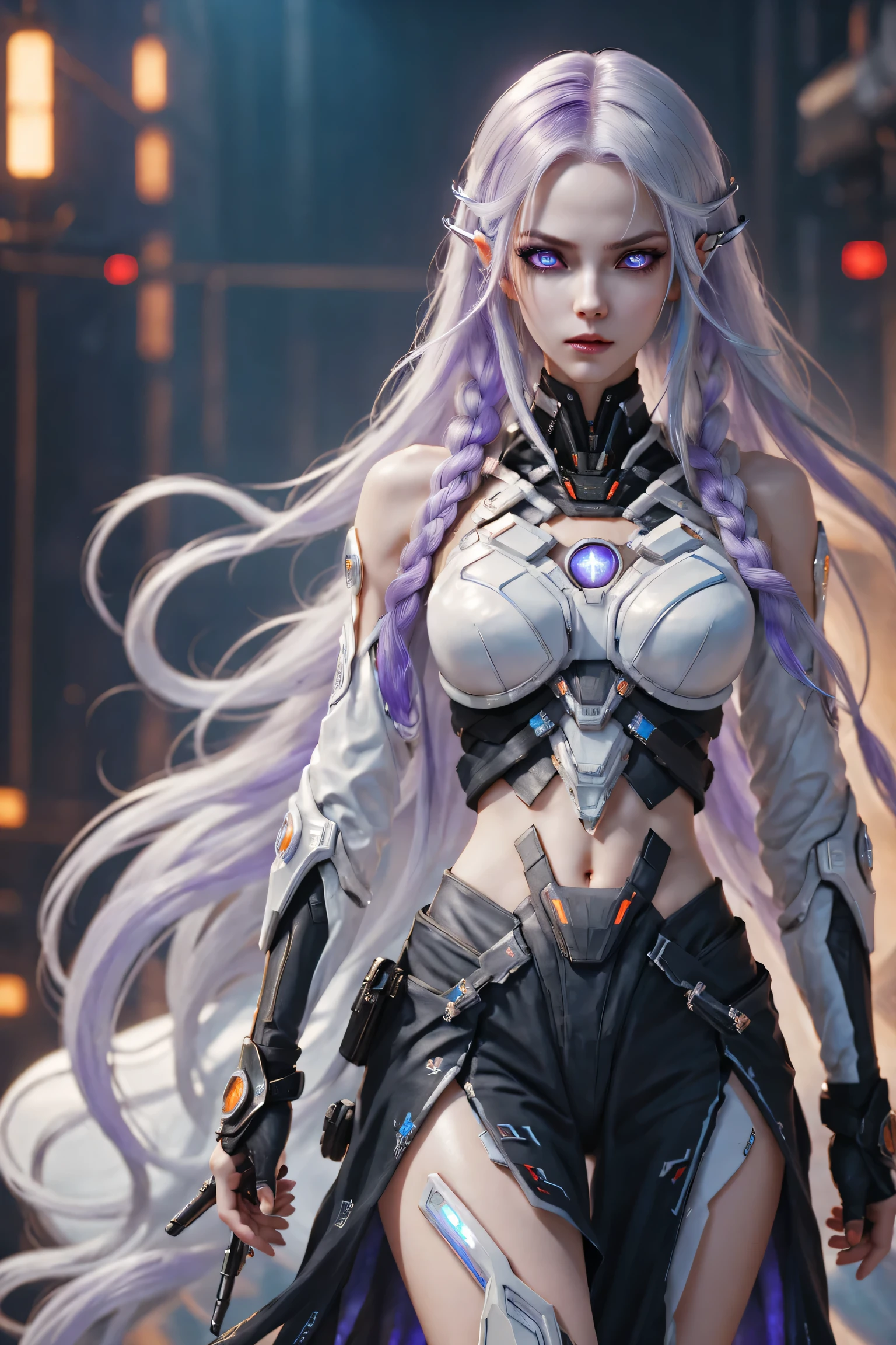 a cyberpunk cyborg girl, a cyberpunk cyborg girl, two cyborg girls standing side by side, yinji, purple hair, purple eyes, long hair, white hair, double braids, gradient hair, highly detailed, intricate machinery, glossy metal skin, glowing blue lights, complex circuitry, futuristic technology, edge light, dramatic lighting, beautiful starry background, octane rendering, cool, personality, brave, realistic 3D render, cinematic composition, award winning digital art, best quality, masterpiece, illustrations, very exquisite and beautiful, very detailed, CG, unity, wallpaper, stunning, exquisite details