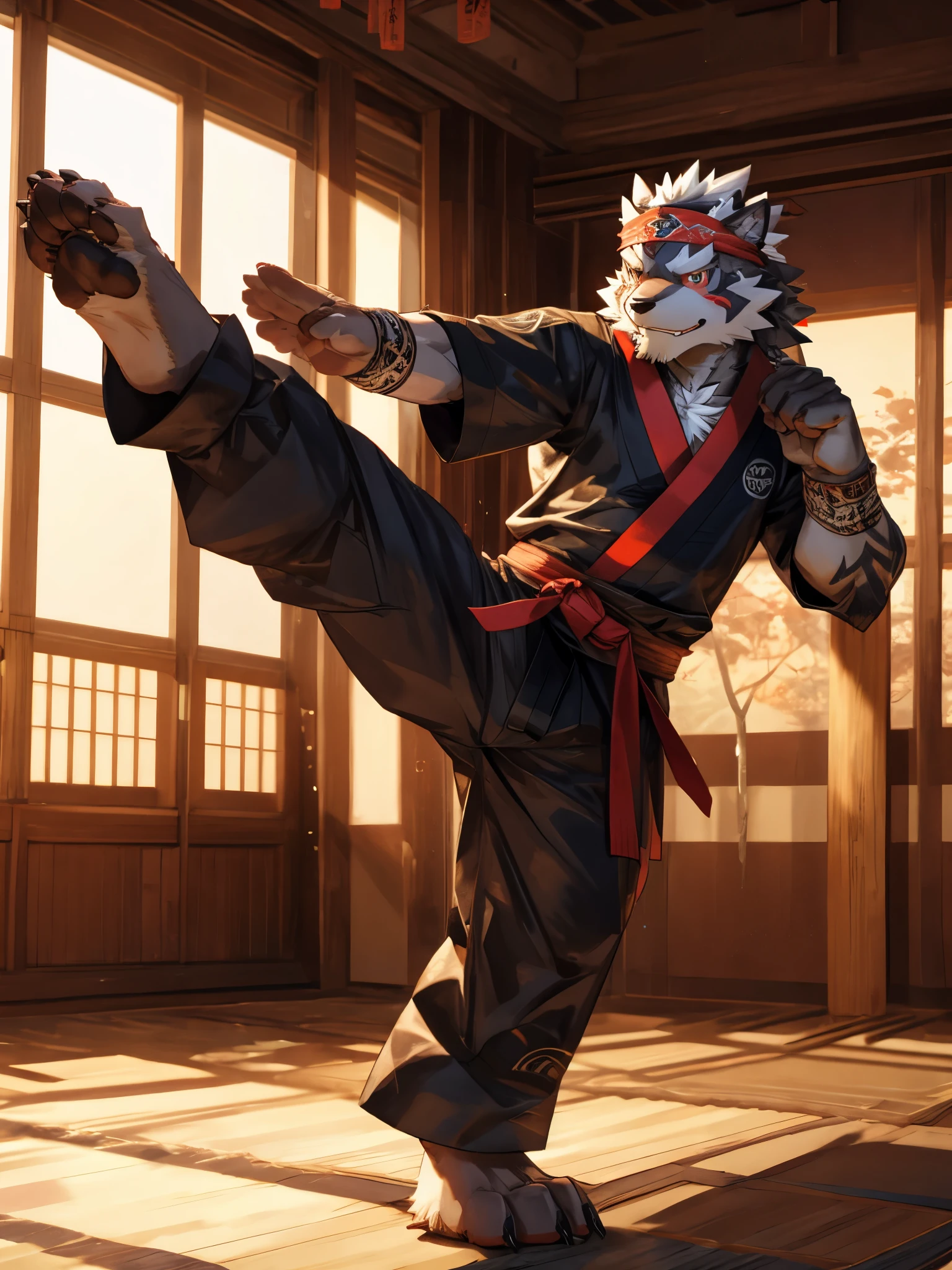 Barefoot Tadatomo, practising in dojo, black ninja outfit, red Headband bandana, long pants with heel grip, nice big feet paws, Hausamo style, Tokyo afterschool summoners,