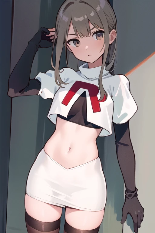
(((masterpiece))),highly detailed, ((best quality))  (highres), aki_rinco, (1girl),  solo, brown_hair,  eyebrows_visible_through_hair, grey_hair, looking_at_viewer, team rocket,team rocket uniform,white skirt,red letter R,crop top,black thigh-highs,black elbow gloves