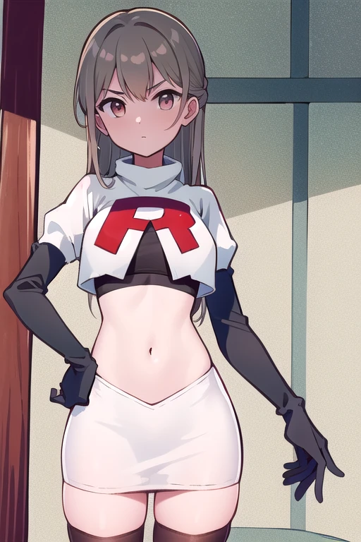 
(((masterpiece))),highly detailed, ((best quality))  (highres), aki_rinco, (1girl),  solo, brown_hair,  eyebrows_visible_through_hair, grey_hair, looking_at_viewer, team rocket,team rocket uniform,white skirt,red letter R,crop top,black thigh-highs,black elbow gloves