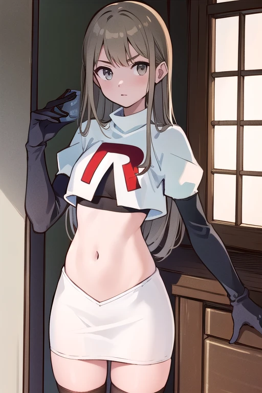 (((masterpiece))),highly detailed, ((best quality)) (highres), aki_rinco, (1girl), solo, brown_hair, eyebrows_visible_through_hair, grey_hair, looking_at_viewer, team rocket,team rocket uniform,white skirt,red letter R,crop top,black thigh-highs,black elbow gloves