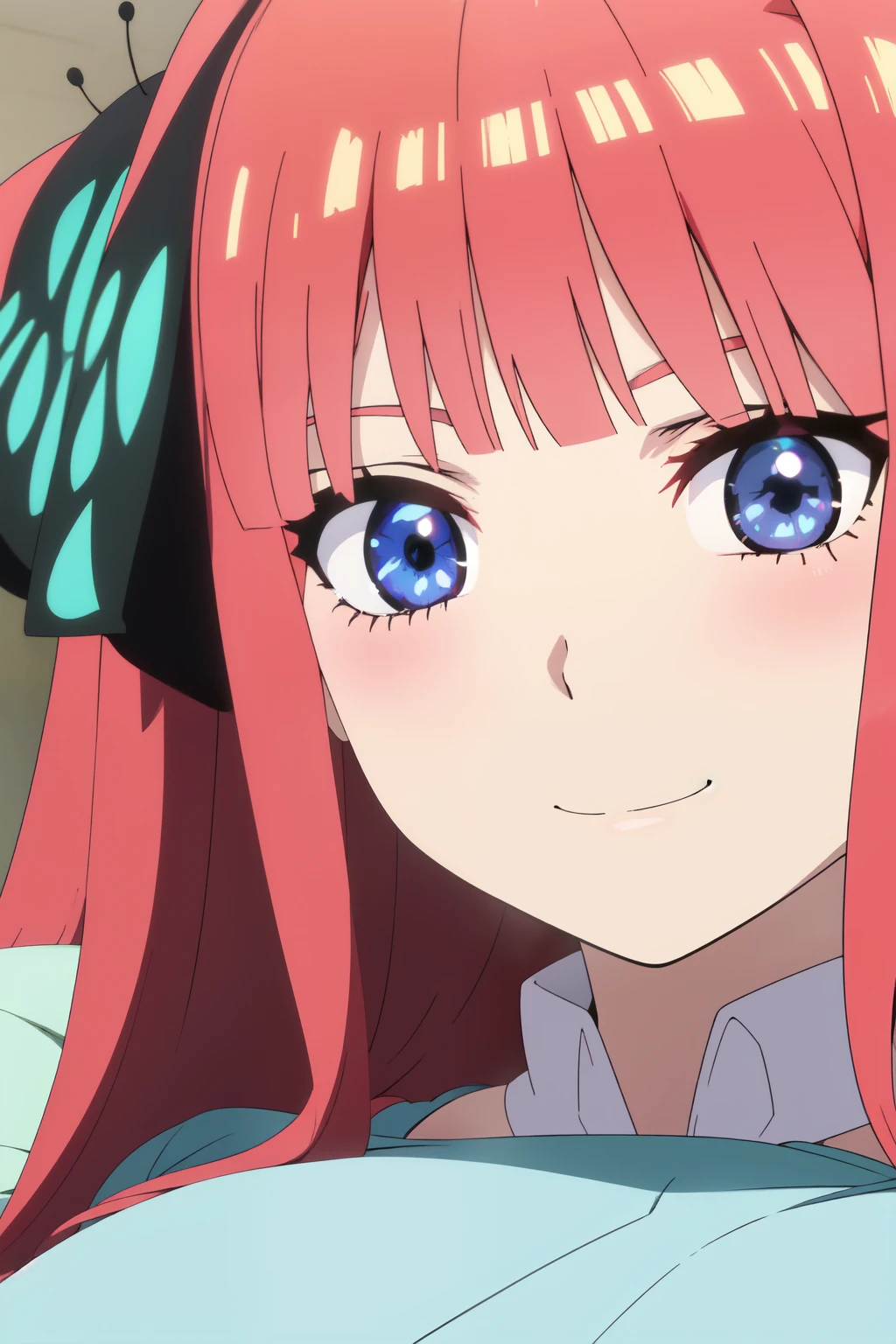 Anime background art, bottom of room, one bed, lying on a bed, beautiful anime scenes, 4K anime art wallpaper, 4k anime art wallpaper, Rosla global illumination, anime girl, 1 girl, LORA similar, best quality, detailed, alone, looking at the viewer, mouth closed, smile, long hair, definition in the eye, perfect face, perfect face, perfect hair, pink hair, hair accessory, twin butterfly-shaped ribbons on both sides of her head, blue eyes, costume, big tits.