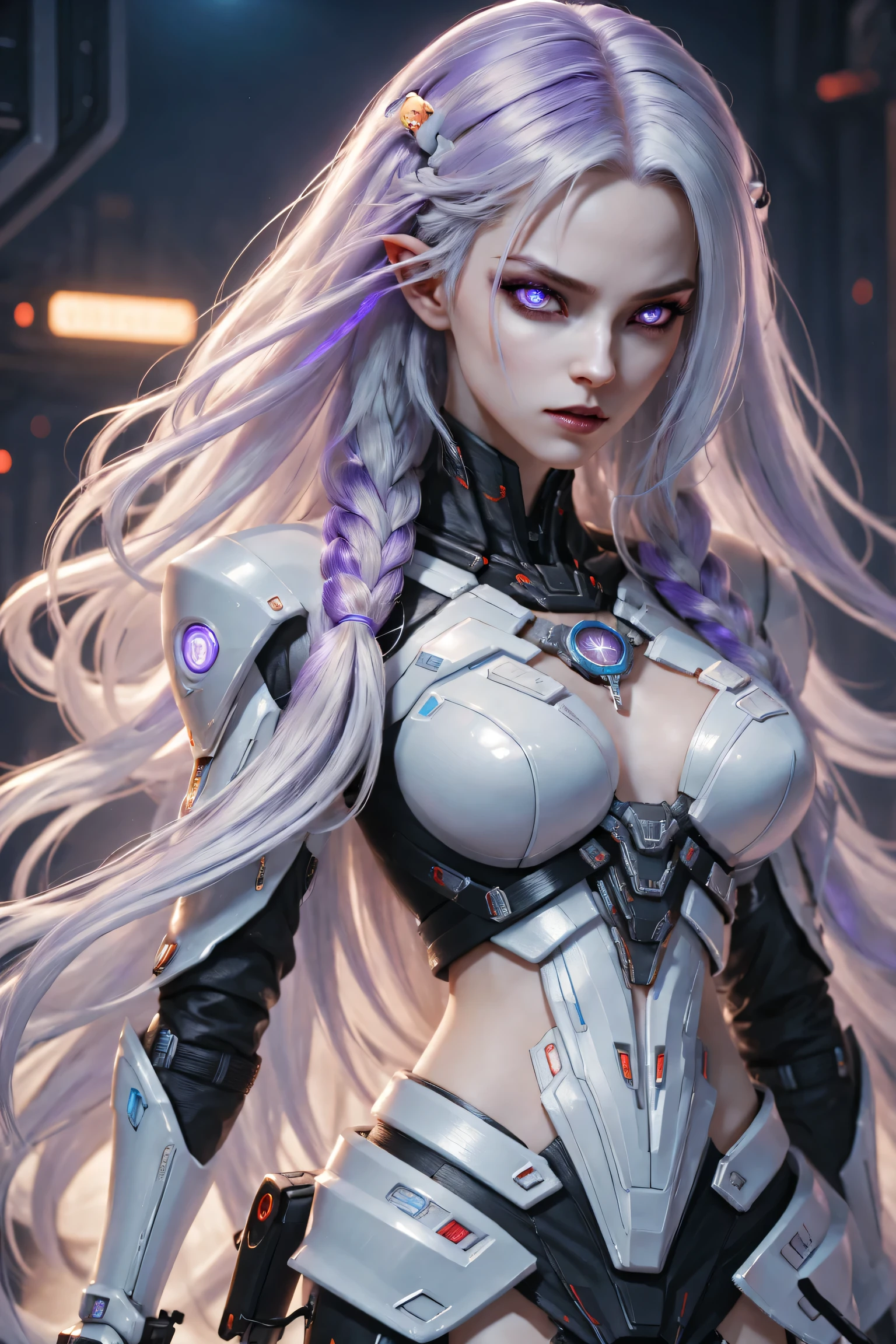 a cyberpunk cyborg girl, a cyberpunk cyborg girl, two cyborg girls standing side by side, yinji, purple hair, purple eyes, long hair, white hair, double braids, gradient hair, highly detailed, intricate machinery, glossy metal skin, glowing blue lights, complex circuitry, futuristic technology, edge light, dramatic lighting, beautiful starry background, octane rendering, cool, personality, brave, realistic 3D render, cinematic composition, award winning digital art, best quality, masterpiece, illustrations, very exquisite and beautiful, very detailed, CG, unity, wallpaper, stunning, exquisite details