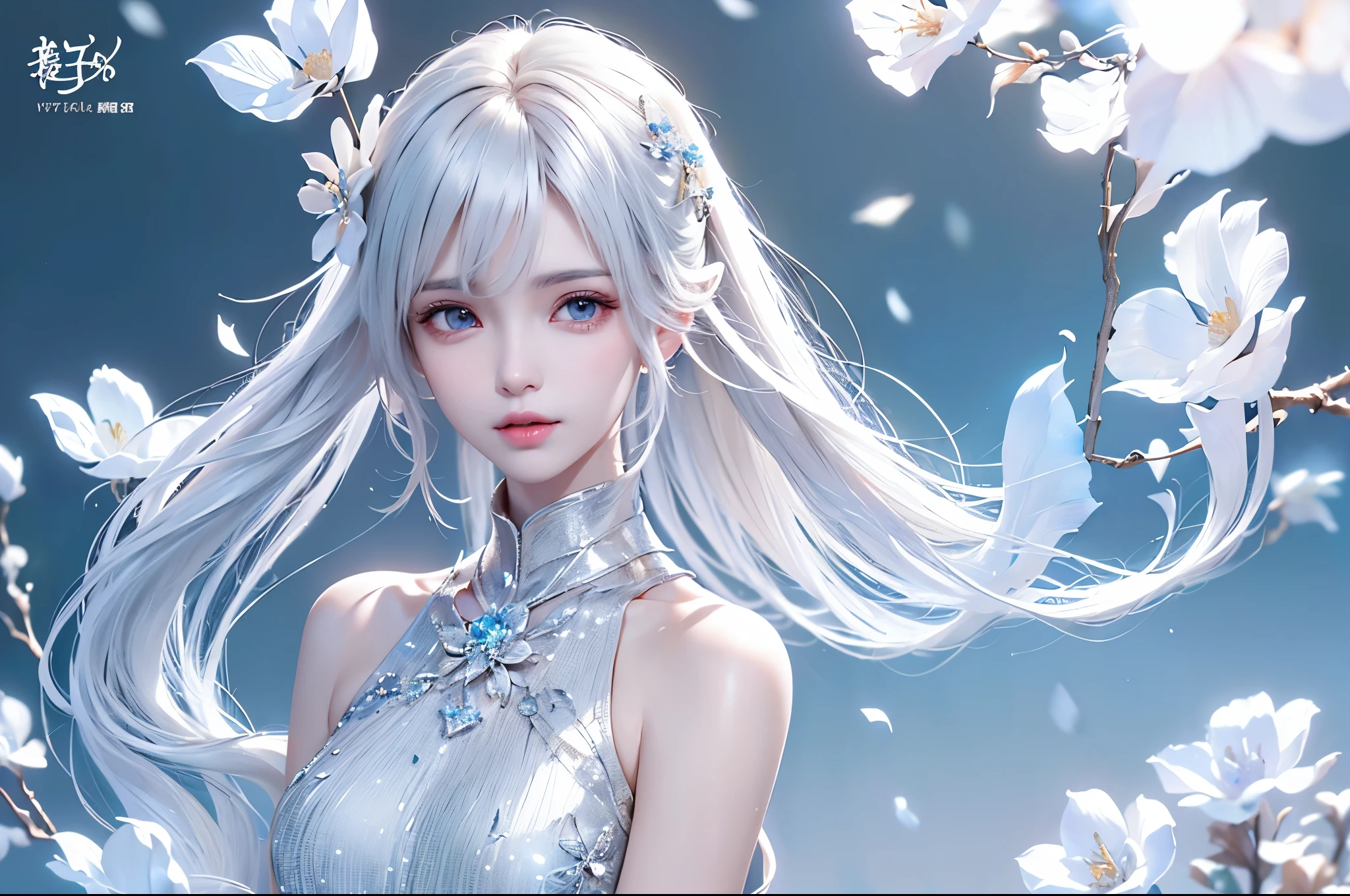 ((Full body image))((masterpiece:1.5、8k、Portraiture、フォトリアリスティックでVery detailedなCG、Very detailed、Particle Effects、Dynamic Effects、Written boundary depth、Cinematic Light、Lens flare、Ray Tracing、Tabletop、Realistic:1.4、超A high resolution:1.2、Realistic、Realistic))((alone、,Woman in turtleneck dress:1.4、Model-like pose:、Side bust、Ample breasts、Detailed face、bright表情、young, bright, Whiter skin、Best Looks、Ultimate beauty、White hair with shiny highlights:1.8、bright and shiny hair,、Super long, Silky straight hair、Hair swaying in the wind))(Wonderful transparent flower々Surrounded by、White Background、Great background、Thin petals fluttering down)