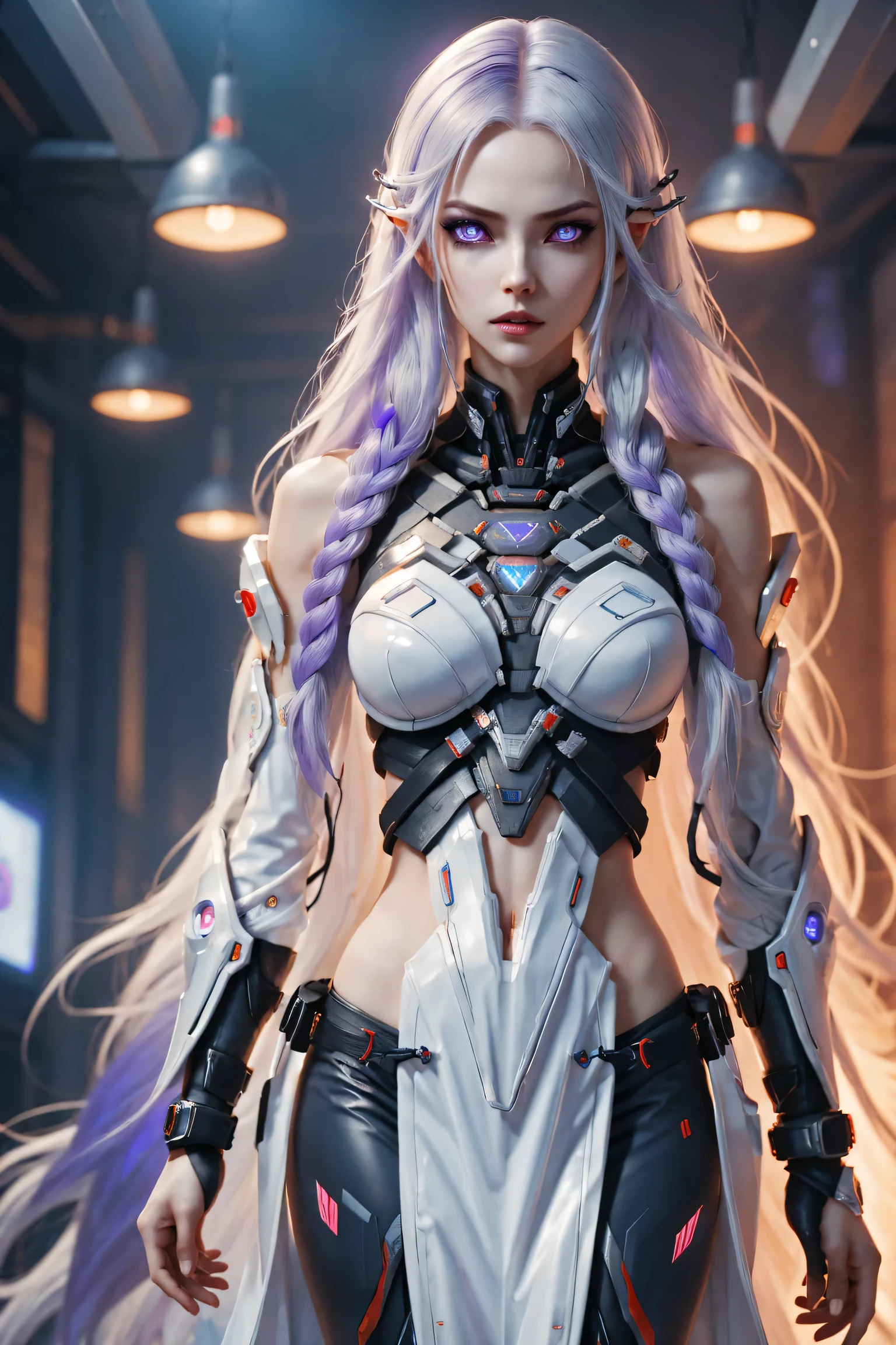 a cyberpunk cyborg girl, a cyberpunk cyborg girl, two cyborg girls standing side by side, yinji, purple hair, purple eyes, long hair, white hair, double braids, gradient hair, highly detailed, intricate machinery, glossy metal skin, glowing blue lights, complex circuitry, futuristic technology, edge light, dramatic lighting, beautiful starry background, octane rendering, cool, personality, brave, realistic 3D render, cinematic composition, award winning digital art, best quality, masterpiece, illustrations, very exquisite and beautiful, very detailed, CG, unity, wallpaper, stunning, exquisite details