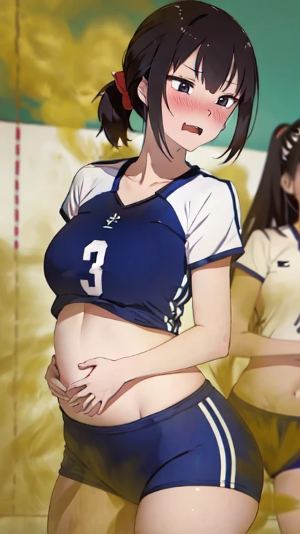 2 Asian girls, both girls farting, desperate to poop, farting while playing sports, stomach growling, wearing sports outfit, chinese girl, tomboy, stomach bloated, hands hugging stomach, pained expression, shocked and embarrassed expression, mouth open in shock, blushing, beautiful and cute face, anime art style, fit body, tall and thin, view from front