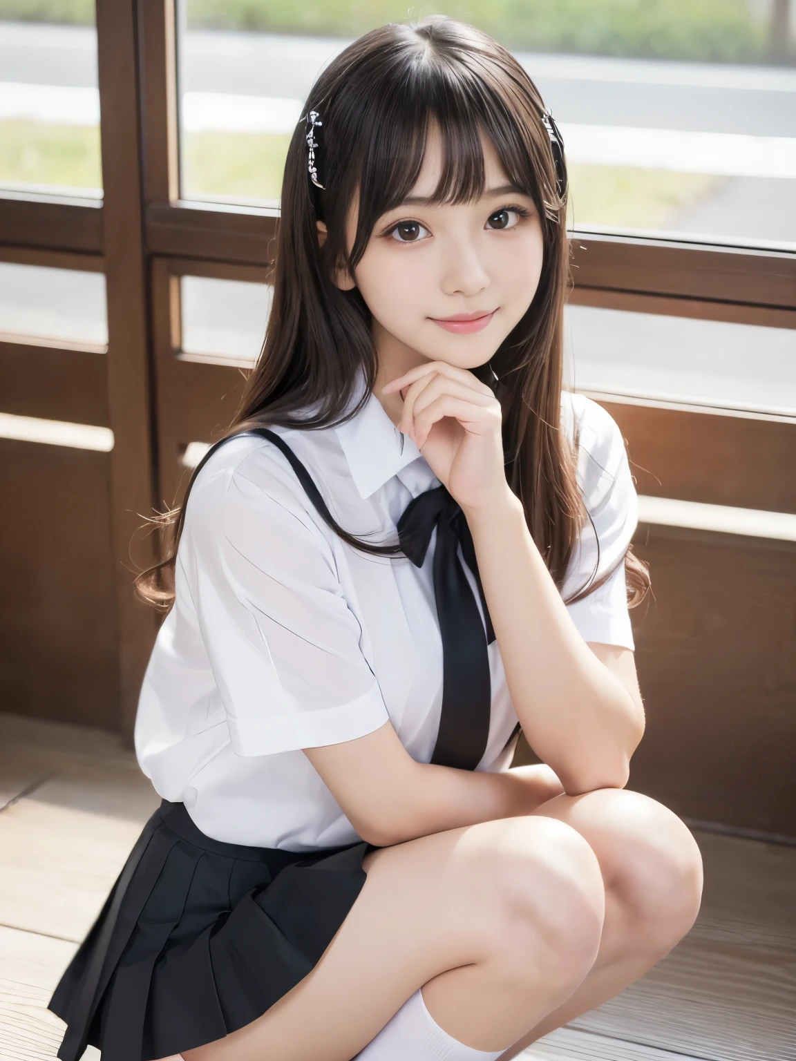 (Best-quality, Masterpiece, Ultra-High-Resolution, (Photorealistic:1.4), Raw Photo, depth of field, professional lighting, perfect anatomy, extremely details, perfect face, perfect hands, perfect fingers, perfect legs), 1girl, the most famous Japanese idol, squatting in high-school, (wearing high-school uniform with cute design, short sleeve shirt, white socks, lofers, pleated skirt, panties), (extremely cute face like the most popular Japanese idol, ((extremely cute and extremely big black-eyes)), extremely cute hair, extremely beautiful skins, extremely cute long-eyelashes, extremely cute lips), extremely beautiful thighs, extremely beautiful legs, looking at viewer, innocent smile