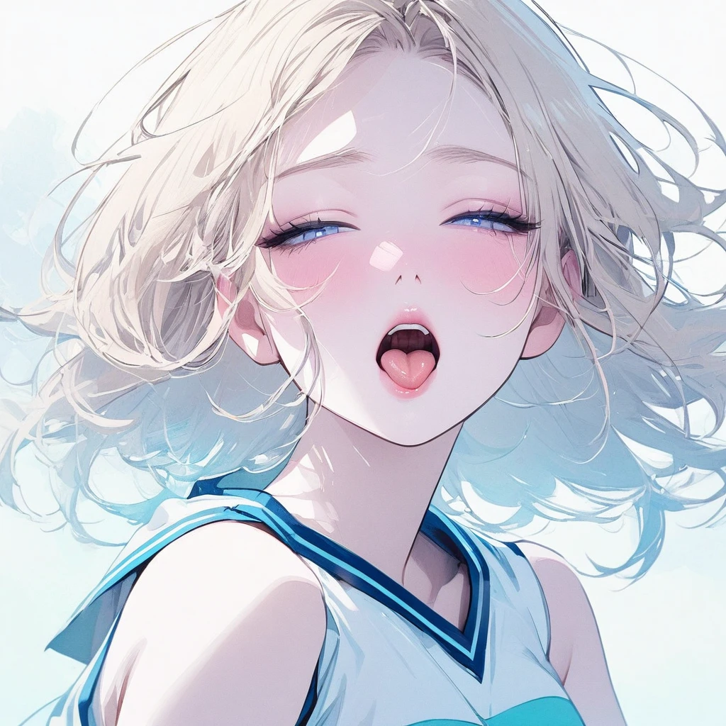 Girl, light blonde hair, blue eyes, beautiful, cheerleader uniform, pastel colors, face close-up, lipgloss, brat, wide mouth, ethereal, tongue, half-closed eyes, submissive