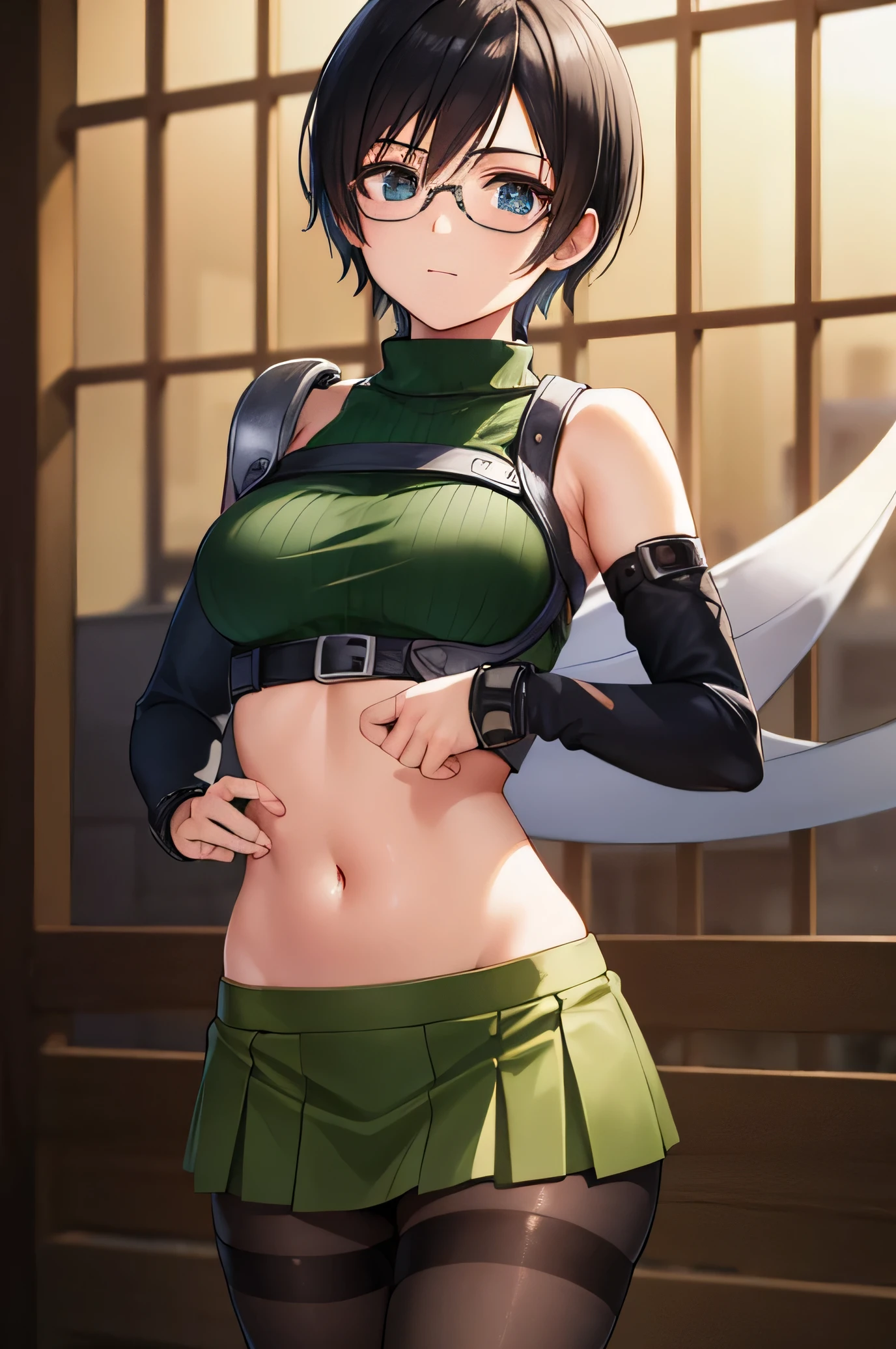 Yuffie Exaragi, Yuffie Kisaragi, One Girl、solo、short hair, Long sleeve jacket,turtleneck,((mini skirt))、((pantyhose))、((Glasses))
Blake Cowboy Shot, View Viewer, 
break (Tabletop:1.2), highest quality, High resolution, unity 8k wallpaper, (figure:0.8), (Beautiful fine details:1.6), Highly detailed face, Perfect lighting, Highly detailed CG, (Perfect hands, Perfect Anatomy),