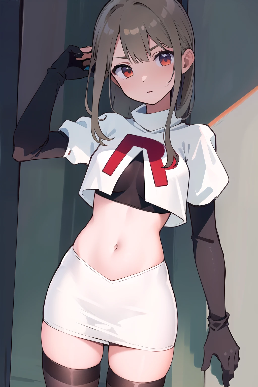 
(((masterpiece))),highly detailed, ((best quality))  (highres), aki_rinco, (1girl),  solo, brown_hair,  eyebrows_visible_through_hair, grey_hair, looking_at_viewer, team rocket,team rocket uniform,white skirt,red letter R,crop top,black thigh-highs,black elbow gloves