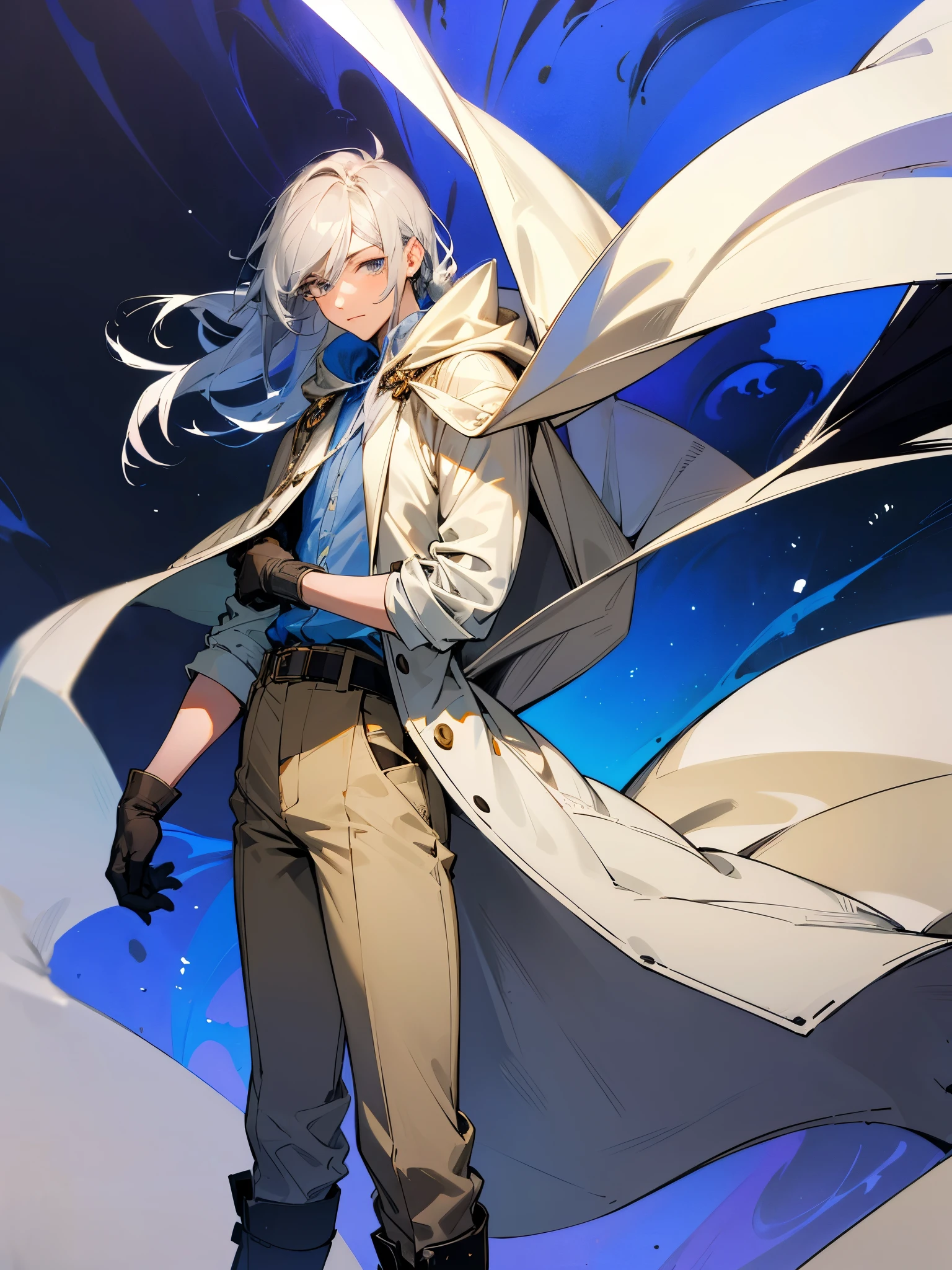 Man in his 20s with gray longhair, gray eyes. Wearing a white hooded cape, dressed in a blue button shirt, beige pants and gloves. He also wears a belt and boots. Pose masculina. Enojada. Fondo con humo colorido. Humo magico. Color psicodelico