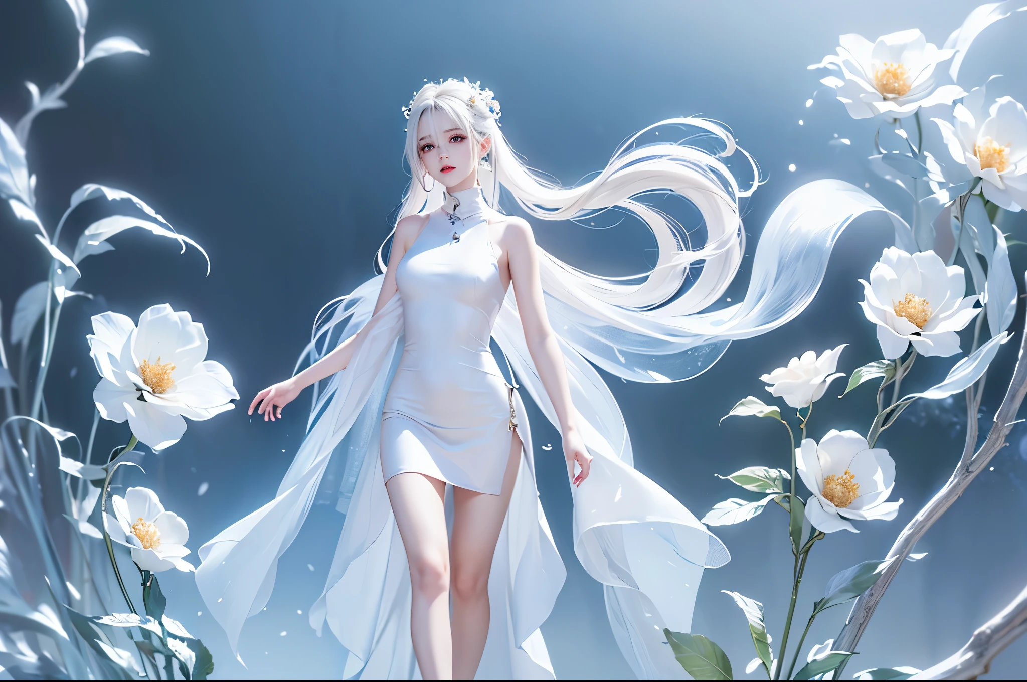 ((Full body image))((masterpiece:1.5、8k、Portraiture、フォトリアリスティックでVery detailedなCG、Very detailed、Particle Effects、Dynamic Effects、Written boundary depth、Cinematic Light、Lens flare、Ray Tracing、Tabletop、Realistic:1.4、超A high resolution:1.2、Realistic、Realistic))((alone、,Woman in turtleneck dress:1.4、Model-like pose:、Side bust、Ample breasts、Detailed face、bright表情、young, bright, Whiter skin、Best Looks、Ultimate beauty、White hair with shiny highlights:1.8、bright and shiny hair,、Super long, Silky straight hair、Hair swaying in the wind))(Wonderful transparent flower々Surrounded by、White Background、Great background、Thin petals fluttering down)