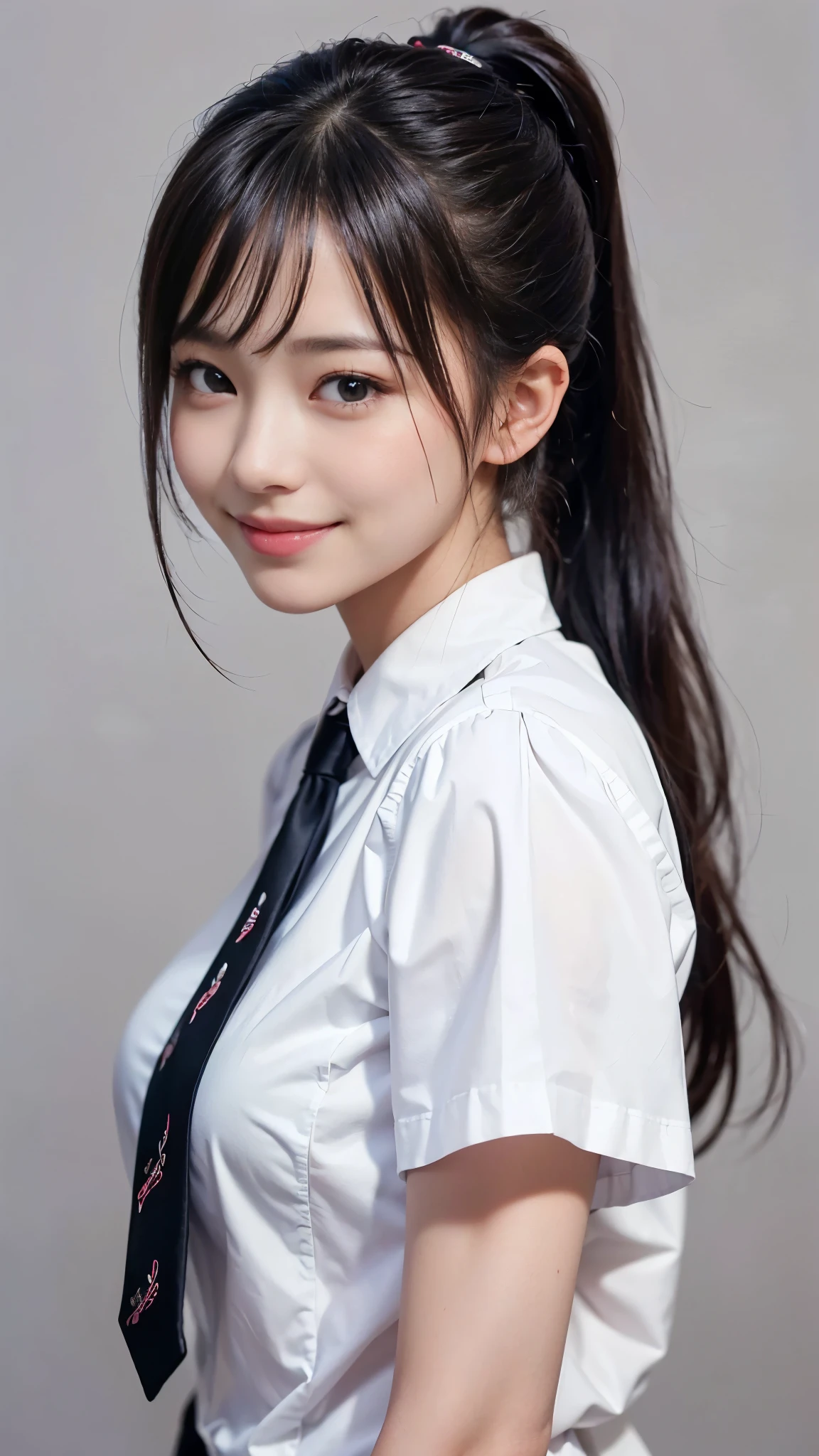 ((highest quality、Masterpiece、High resolution))、(((Zoom photo of upper body))、(A shy smile:1.2)、One 15-year-old female、Beautiful Skin、Beautiful Eyes、Large Breasts、shirt、tie、Black Hair、Trimmed bangs、ponytail