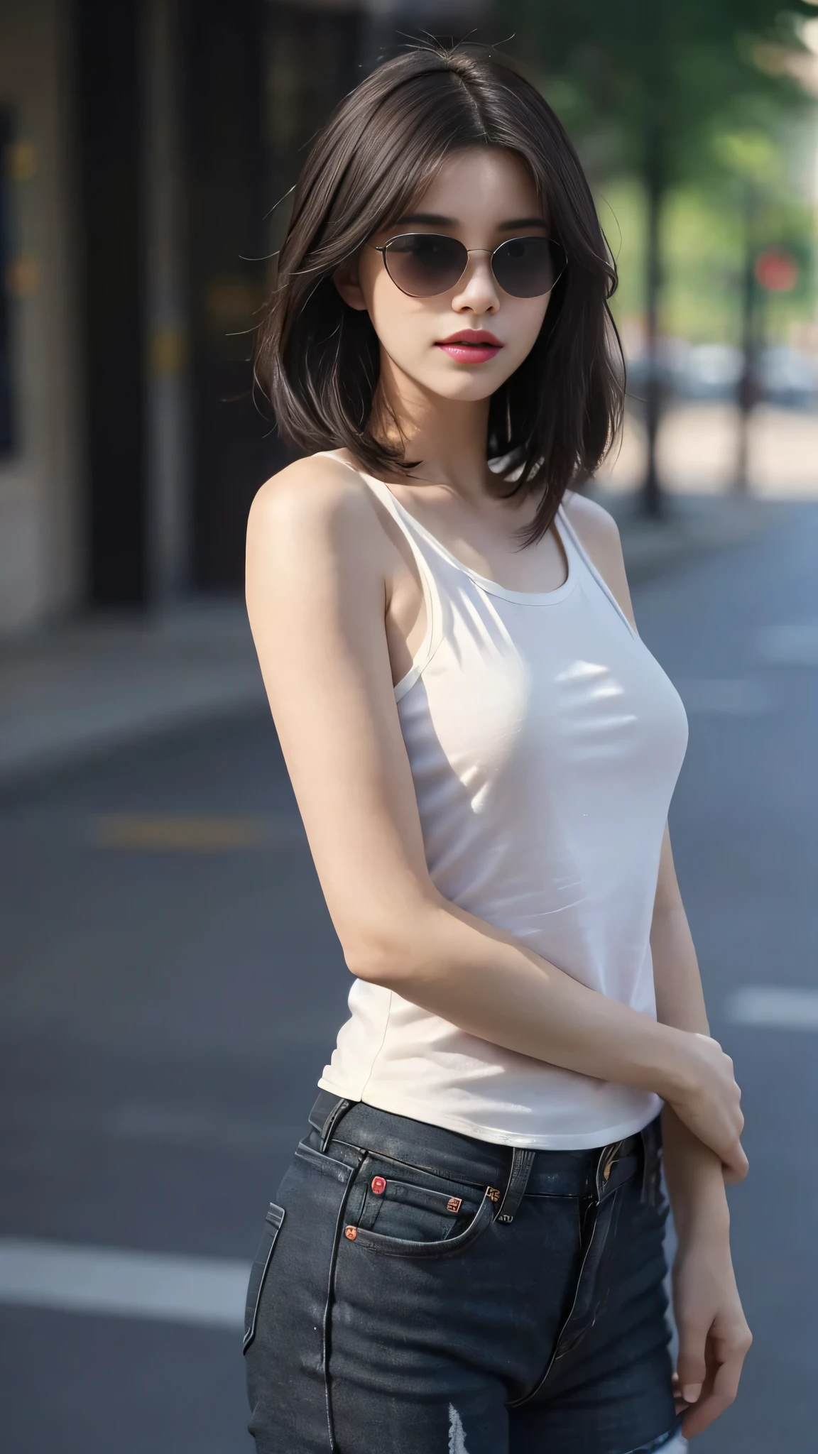 masterpiece, top-quality, 1 beautiful girl, ((Wearing dark black sunglasses )), (Detailed beautiful eyes), ((Detailed skin)) , ((Detailed medium hair)), A beautiful girl white tank top and short jeans, photo RAW, Camera angle behind, CG rendering, Blurred background, deep shadow, 16K, bokered, Very detailed, wallpaper, depth of field, movie light,, Ray tracing.