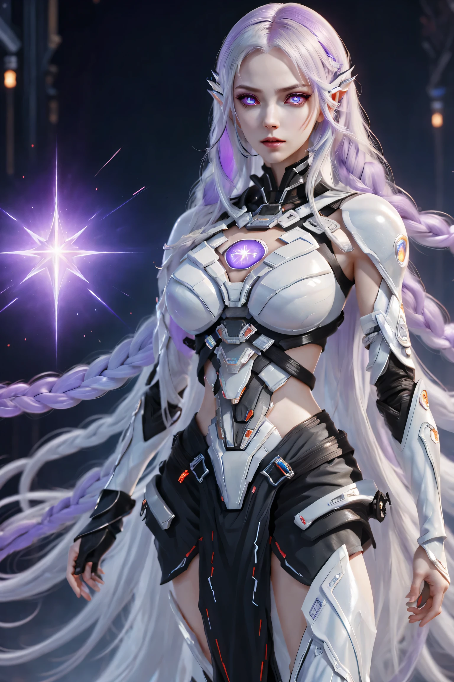two cyborg girls standing side by side, yinji, purple hair, purple eyes, long hair, white hair, double braids, gradient hair, highly detailed, intricate machinery, glossy metal skin, glowing blue lights, complex circuitry, futuristic technology, edge light, dramatic lighting, beautiful starry background, octane rendering, cool, personality, brave, realistic 3D render, cinematic composition, award winning digital art, best quality, masterpiece, illustrations, very exquisite and beautiful, very detailed, CG, unity, wallpaper, stunning, exquisite details