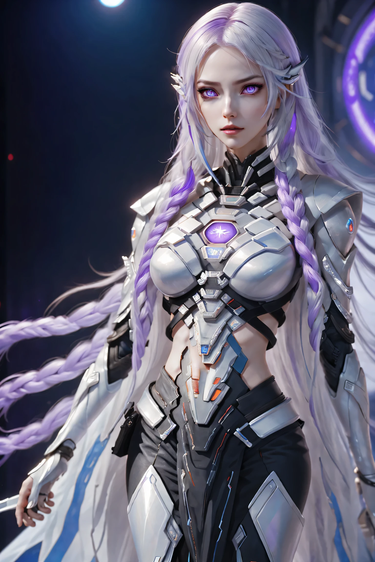two cyborg girls standing side by side, yinji, purple hair, purple eyes, long hair, white hair, double braids, gradient hair, highly detailed, intricate machinery, glossy metal skin, glowing blue lights, complex circuitry, futuristic technology, edge light, dramatic lighting, beautiful starry background, octane rendering, cool, personality, brave, realistic 3D render, cinematic composition, award winning digital art, best quality, masterpiece, illustrations, very exquisite and beautiful, very detailed, CG, unity, wallpaper, stunning, exquisite details