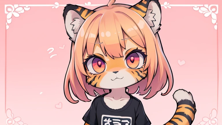 (obra maestra, Alta calidad, mejor calidad, 8K, high resolution), ((estilo chibii, Chibi lindo)), (solo, 1 girl), {Tiger Girl, cara de tigre, 2 colmillos, long eyelashes, delineador de ojos} {bigotes de tigre}, (((Piel de tigre por todo el cuerpo., Rayas de tigre en el cuerpo.))), (pelo naranja), cabello corto, Pinza para el cabello, [[Pinza para el cabello white flower on hair]], ((Muy feliz)), ((boca abierta)), ojos naranjas, [pupilas negras], ((buscando)), (very small breasts), brazos delgados, (un brazo arriba, un brazo hacia abajo), axilas, ((mini camiseta rosa, camiseta rosa completa)), {shorts blancos}, {{{mini cola de tigre, Cola en la espalda}}}, (cuerpo completo), (((de pie, jump angle))), dynamic pose, Fondo blanco, fondo sencillo, ((((Estilo Tora-chan no Hanayome)))), (old anime style 40s), estilo animado, anime color.