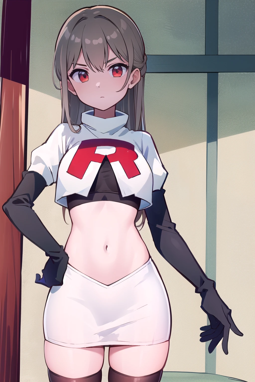 (((masterpiece))),highly detailed, ((best quality)) (highres), aki_rinco, (1girl), solo, brown_hair, eyebrows_visible_through_hair, grey_hair, looking_at_viewer, team rocket,team rocket uniform,white skirt,red letter R,crop top,black thigh-highs,black elbow gloves