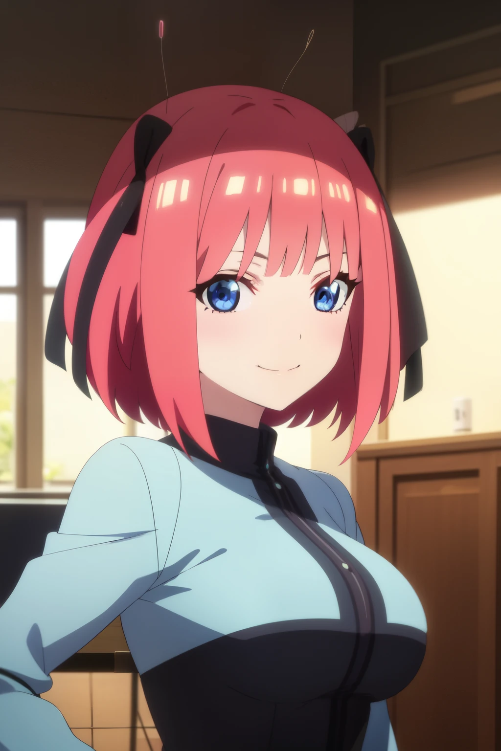 Anime background art, bottom of room, one bed, standing, beautiful anime scenes, 4K anime art wallpaper, 4k anime art wallpaper, Rosla global illumination, anime girl, 1 girl, LORA similar, best quality, detailed, alone, looking at the viewer, mouth closed, smile, short hair, definition in the eye, perfect face, perfect face, perfect hair, pink hair, hair accessory, twin butterfly-shaped ribbons on both sides of her head, blue eyes,  costume, big tits. 