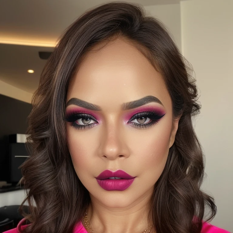 (((close up of face))), Ultra-realistic movie master pie with ultra-detailed primetime portraits, 最high quality, 8K, table top, Ultra HD), 1girl:1. 、fashion supermodel、masterpiece, 最high quality, high quality, High resolution, (Glamour, paparazzi taking pictures of her), (light dark short hair, extremely detailed), high contrast, (dark shot:1.09), Long 2blue_eyelashes:1.4, (dark_eyeshadows:1.25), red_lips:1.2, ((brown_eyes:1.3)), (pink_makeup:1.25), ((tanned skin:1.25))