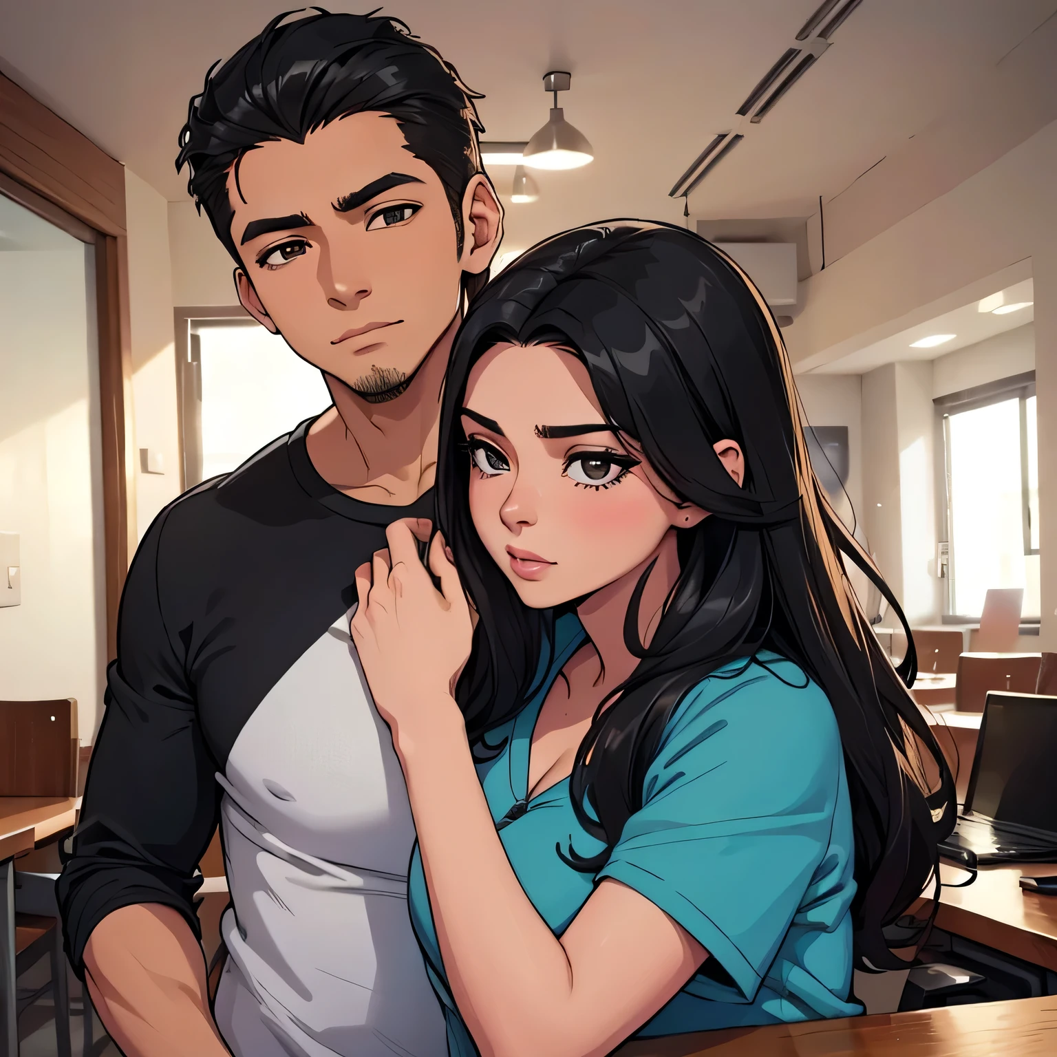 Estudiante varonil. Abraza a su esposa que es profesora milf de cabello negro. Y tienen relaciones en su departamento.