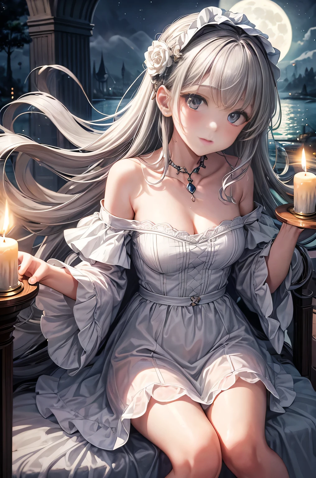 (masterpiece, highest quality:1.2), 1 girl, alone, ((Off-the-shoulder clothing)), ((night)), ((Gray Hair))lanthanum, Candlelight, Deep in Wonderland，The moonlight pours down like water，fog，heroine&#39;The figure appears vague，Big Breasts,Cute Face，The corners of the mouth are slightly turned up，Like a fairy,Clothes Fluttering，Her hair is casually tied back，A few strands of hair are swaying gently in the wind，((White ruffle dress)):1.5、Beautiful cleavage、