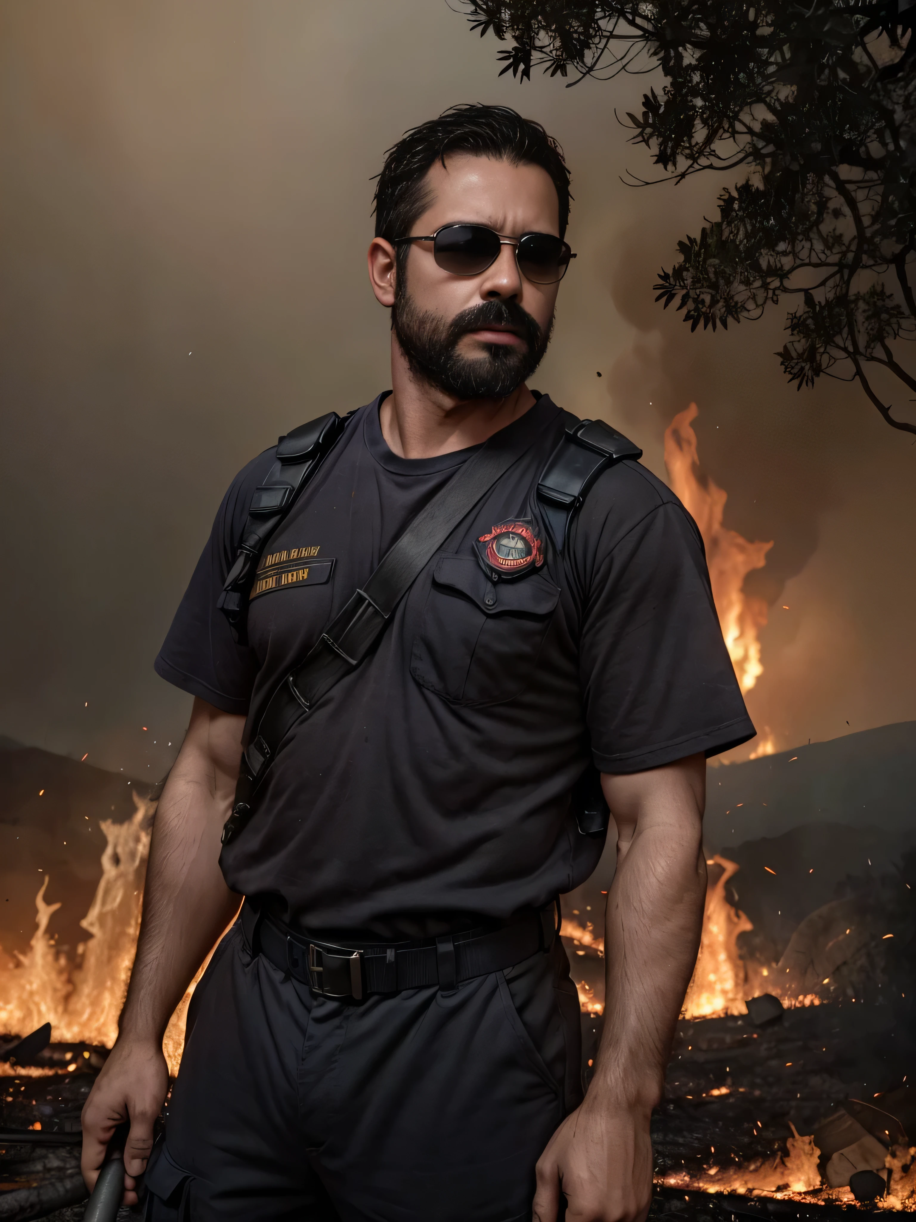 A super realistic image of a 38-year-old man with a masculine appearance wearing dark sunglasses, captured in a mid-shot showing his upper body. He is standing near a raging wildfire, with flames and smoke billowing behind him. His facial features are very detailed, displaying soot and sweat, with an expression of urgency and determination. He is wearing a firefighter's uniform that is singed and dirty, highlighting the dangerous situation. The background is filled with burning trees and dark smoke, emphasizing the intensity of the disaster.