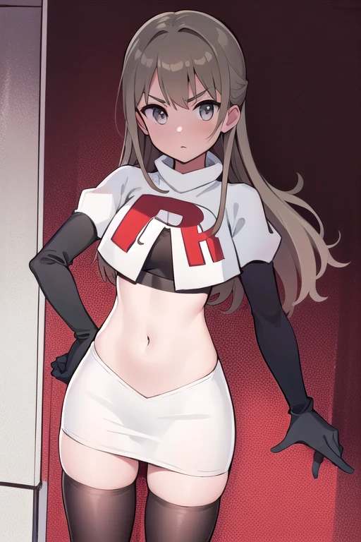 (((masterpiece))),highly detailed, ((best quality)) (highres), aki_rinco, (1girl), solo, brown_hair, eyebrows_visible_through_hair, grey_hair, looking_at_viewer, team rocket,team rocket uniform,white skirt,red letter R,crop top,black thigh-highs,black elbow gloves