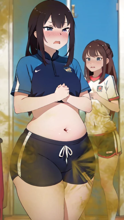 2 Asian girls, anime girls, both farting together side by side, desperate to poop, farting while standing, farting in public changing room, wearing volleyball outfit, stomach bloated, hands hugging stomach, pained expression, shocked and embarrassed, mouth open in shock, sweating, blushing, beautiful and cute face, anime art style, fit body, tall and thin, view from side, legs spread, (masterpiece:1.2、top-quality, best-quality)、(the Extremely Detailed CG Unity 8K Wallpapers、ultra-detailed、Best Shadows)、(Detailed background)、(The best lighting、extremely delicate and beautiful)、depth of fields、2girls in