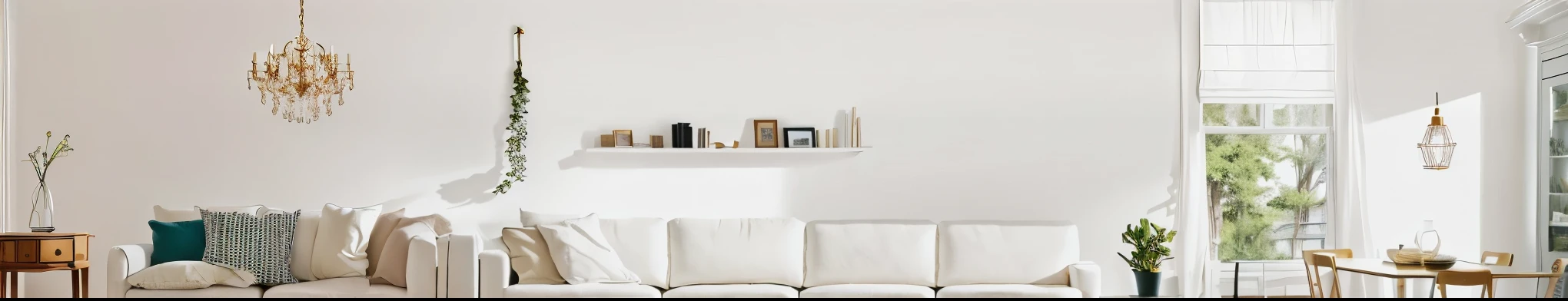 The main color is white，Fresh style，There is a living room with a sofa and dining table., picture, decorate, Forest House Stickers, Home page display, indoor, voodo decorater, My Home, Color Kodak , background, Elegant design, Logo, Logo, 产品picture, header with Logo, decorateration, Proco, living room wall background