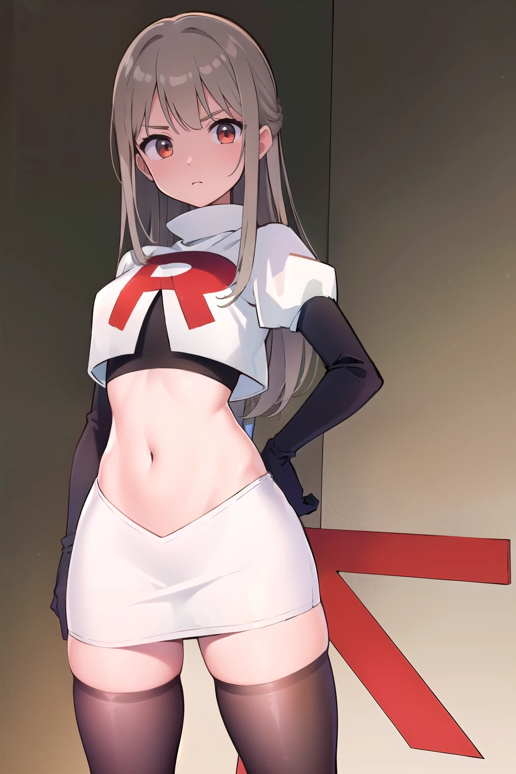 
(((masterpiece))),highly detailed, ((best quality))  (highres), aki_rinco, (1girl),  solo, brown_hair,  eyebrows_visible_through_hair, grey_hair, looking_at_viewer, team rocket,team rocket uniform,white skirt,red letter R,crop top,black thigh-highs,black elbow gloves