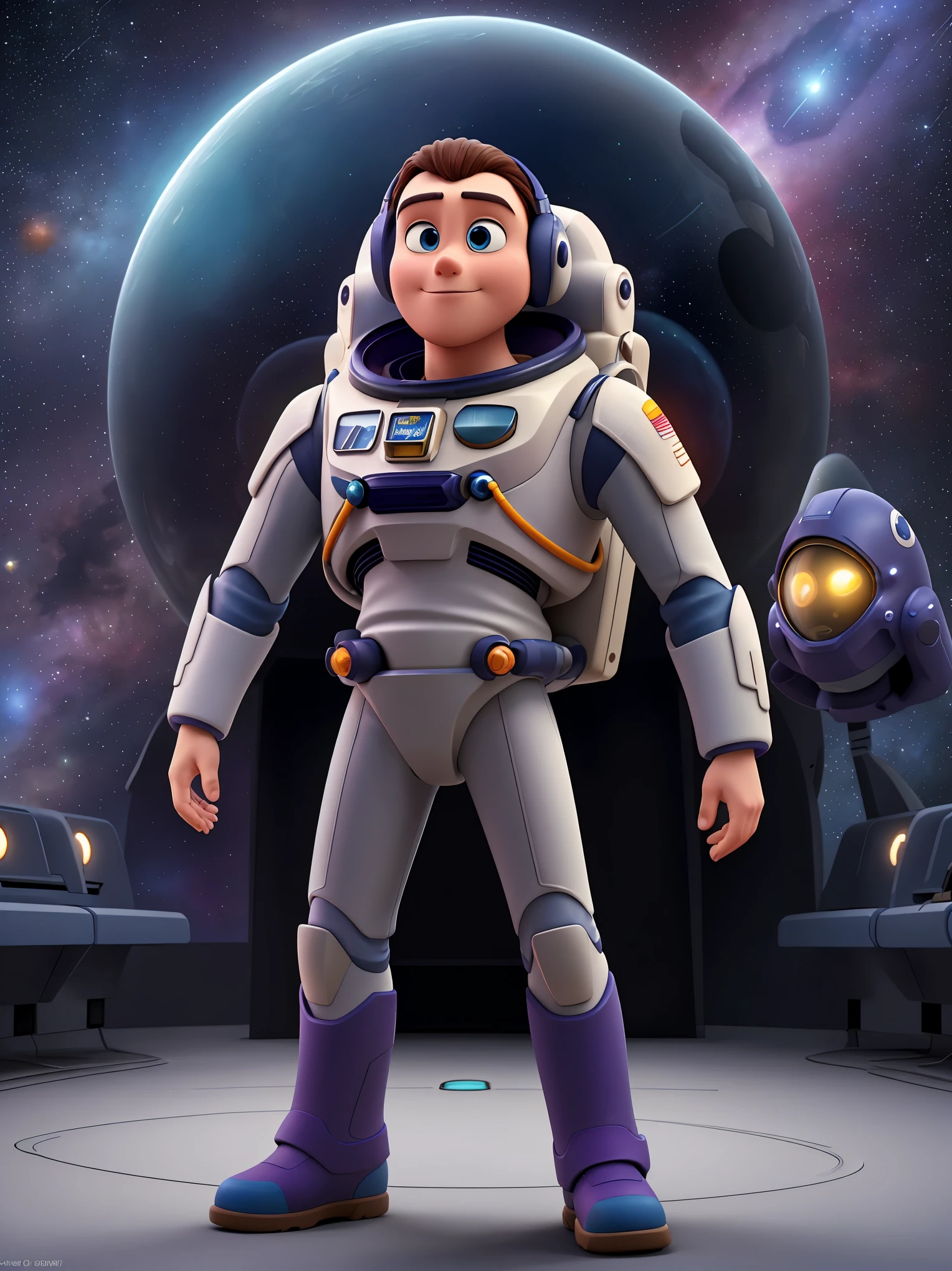 Buzz Lightyear in astronaut suit, detailed helmet, space background, sci-fi vibe, best quality, high detail, ultra-detailed, realistic, studio lighting, vivid colors, HDR, space exploration, futuristic, action pose, dynamic lighting, astronaut gear, futuristic technology, interstellar, sci-fi adventure, spaceship interior, galaxy view, starry sky, reflective visor, intense colors, futuristic design, hero stance