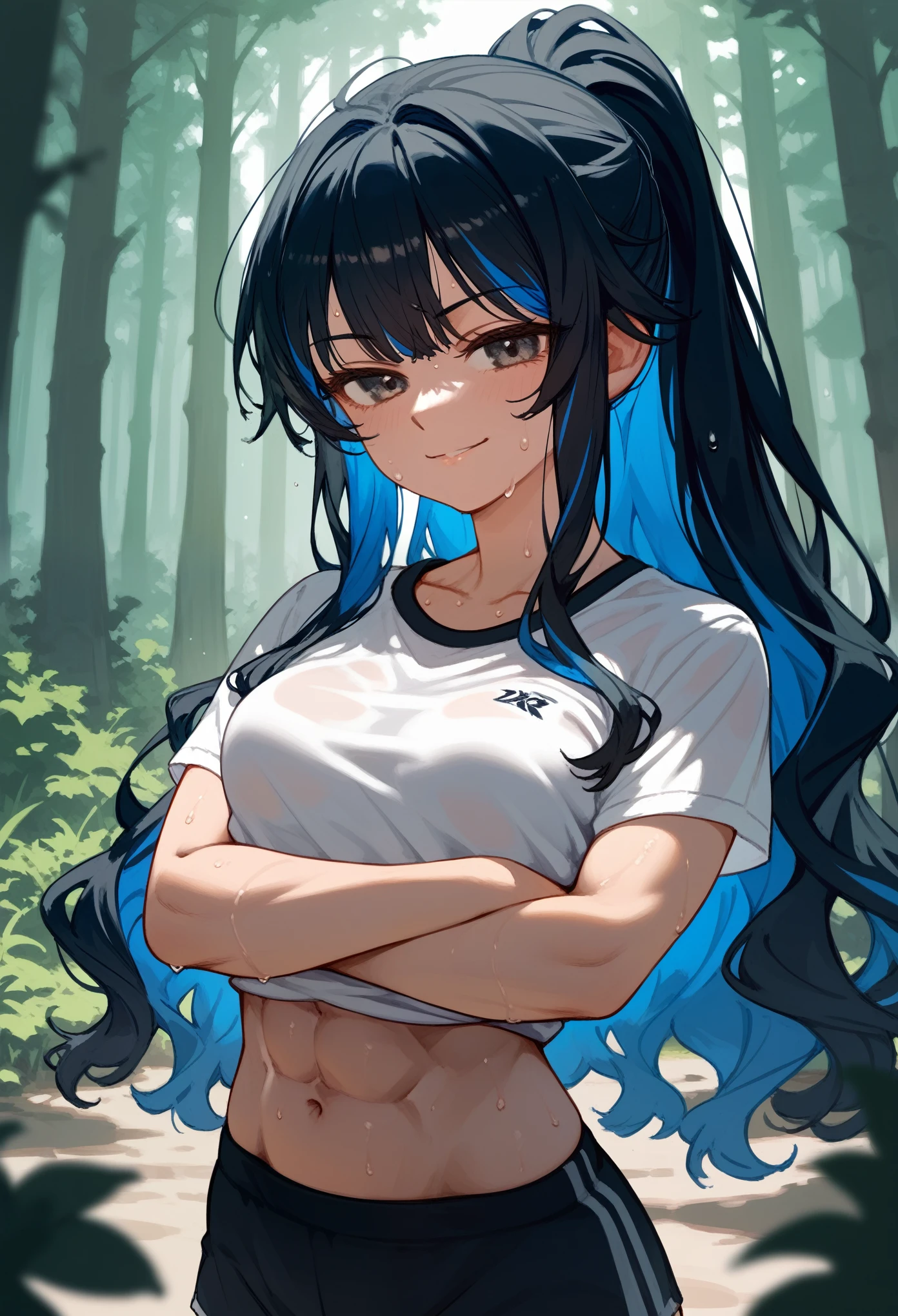 1girl, solo, multicolored hair, black hair, sidelocks, blue hair, wavy hair, ponytail, smirk, small breasts, upper body, white shirt, gym shorts, [abs], sweating, crossed arms, forest, daytime, thighs, leaning back, masterpiece, score_9, score_8_up, score_7_up
