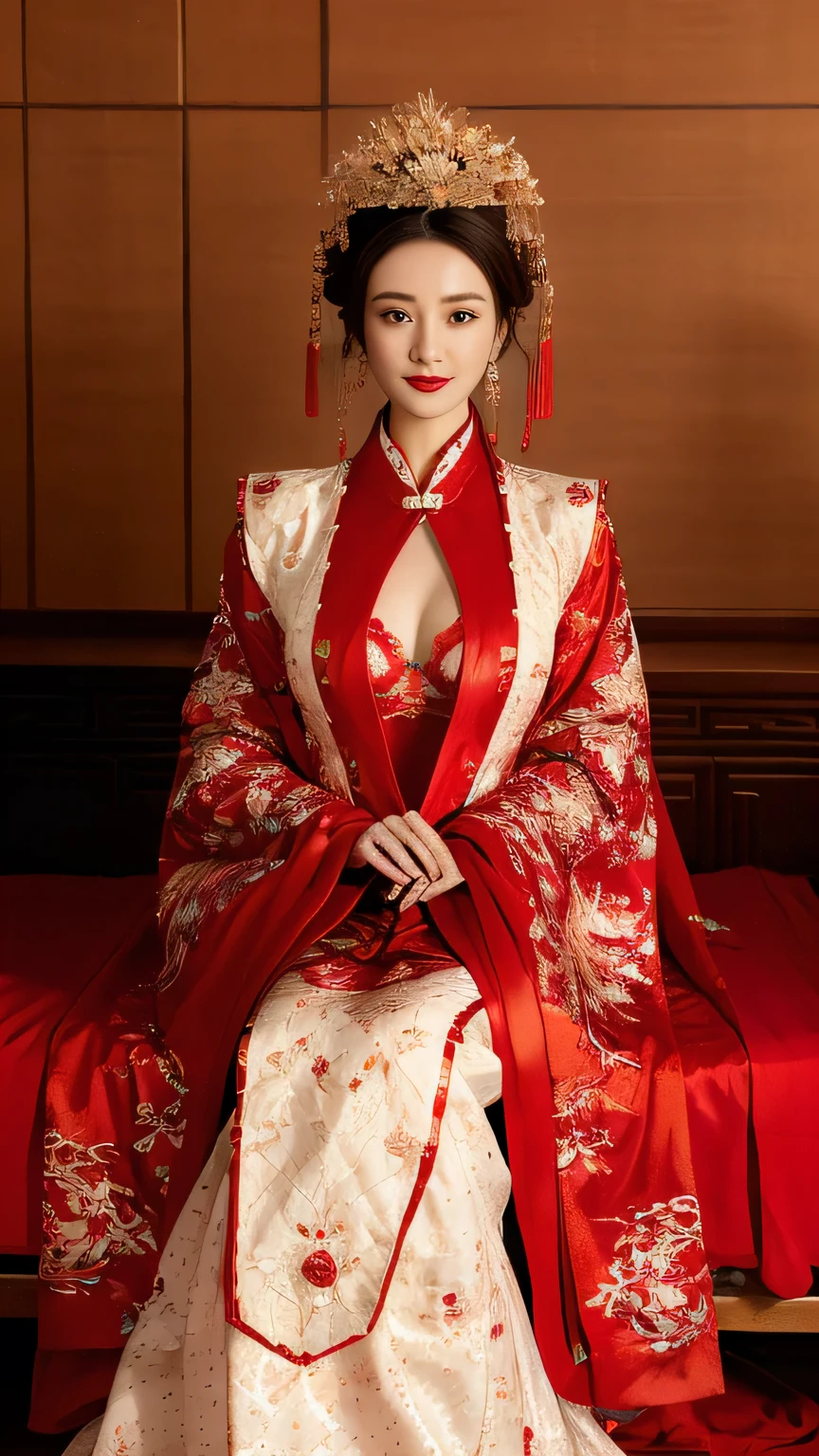 (Hyper-realistic 8K CG: 1.2), Perfect work of art, Exquisite patterns, Intricate details, (An unrivalled masterpiece, best quality: 1.2), (Extremely complex: 1.2), woman in red and gold dress, ((dark brown hair, Big tits:1.2 )), (Low-cut,Deep V),Phoenix Coronet, hair stick, (Red bed: 1.3), cosmetic, blush, Shy, (Smile),Black_hair, Looking at the audience, cosmetics, (Lace,silk), (chiffon:1.5),Focus on her breasts, (Faint areola:1.5),,Chinese_clothing, ((Red loose comfortable clothing:1.4)),(Large Breasts),D cup ,curtain, earrings, hair_decorate,Hanfu, Internal, Jewelry, Red nails, long_sleeve, (On the Red Bed,Red pillow:1.6) ,(minuscule underwear:1.5),Red Dress, red lips, tassel, (Red pillow,Red quilt), (Red Hi Word: 1.2), (ancient Chinese architecture),, night,(wedding),(Marriage room),Chinese style marriage room,(Phoenix Coronet:1.5),(bridal chamber),(A soothing look:1.5),(Take off half of your clothes:1.6),