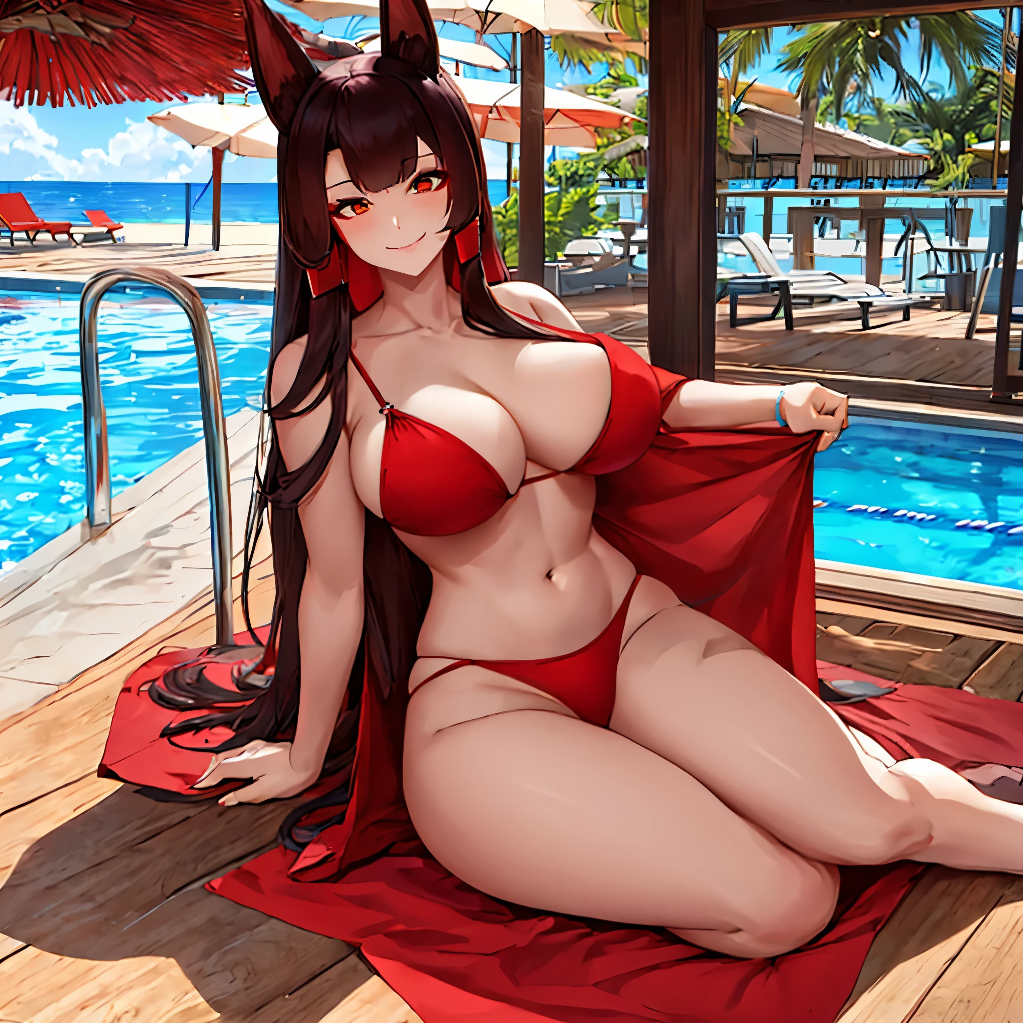 A woman wearing a red bikini, red beach cover-up, dark brown hair, kitsune ears, multi-tailed kitsune, (akagi_azur_lane), orange eyes, smiling, beach flip-flops, full body, walking on an external platform of a luxury cruise ship ( with swimming pool, lounge chairs, bench, staircase, white platform with a variety of gray tones)
