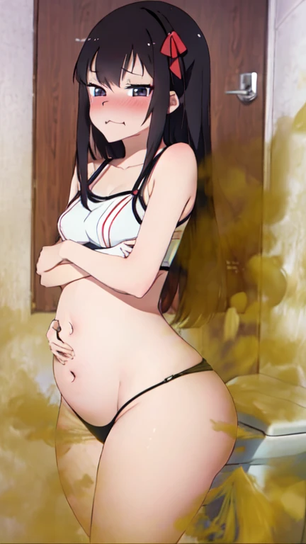 2 Asian girls, both farting side by side, desperate to poop, in toilet, farting while making out, stomach growling, wearing  , malaysian girl, stomach bloated, hands hugging stomach, pained expression, shocked and embarrassed, mouth open in shock, blushing, beautiful and cute face, anime art style, fit body, tall and thin, view from front