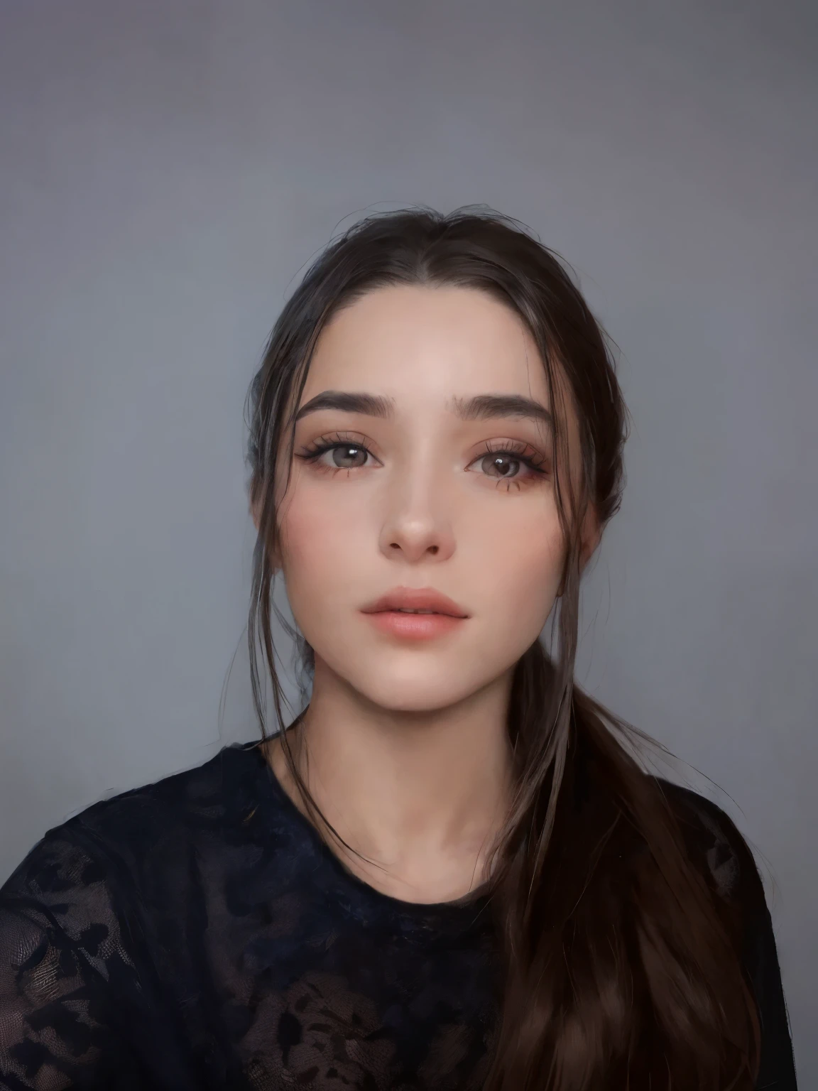un primer plano de una mujer con cabello largo y un top negro, cara sexy con maquillaje completo, retrato de cara completa, retrato de primer plano de cara completa, mirada sensual, foto retrato suave 8 k, cara retocada, completo - rostro cerca - retrato arriba, 18 years, con maquillaje profesional, usando maquillaje profesional, rostro impecable y detallado, retrato de alta calidad