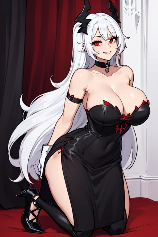 female, white long hair, red eyes, (((1girl))), (((black strapless dress with white trim))), (black opera gloves), (black heels), (black choker with ruby), cute and sexy, full body, huge breasts, huge butt, long legs, smiling