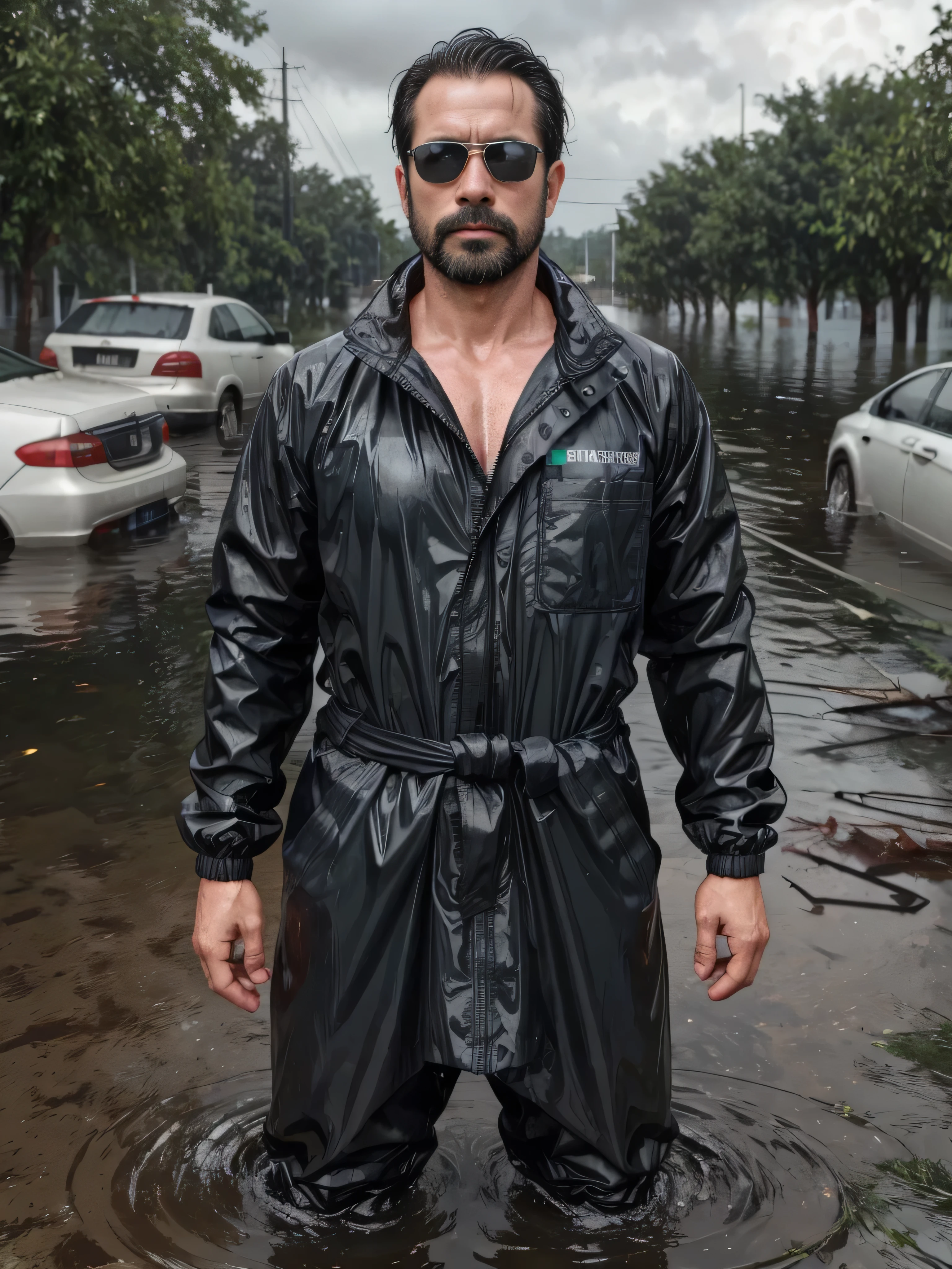 A super realistic image of a 38-year-old man with a masculine appearance wearing dark sunglasses, captured in a mid-shot showing his upper body. He is standing on a flooded street after a devastating hurricane, with water up to his waist and debris floating around him. His facial features are very detailed, showing wet hair and a determined expression. He is wearing a soaked rain jacket and a life vest. The background includes submerged cars, fallen trees, and stormy skies, highlighting the severity of the flood.