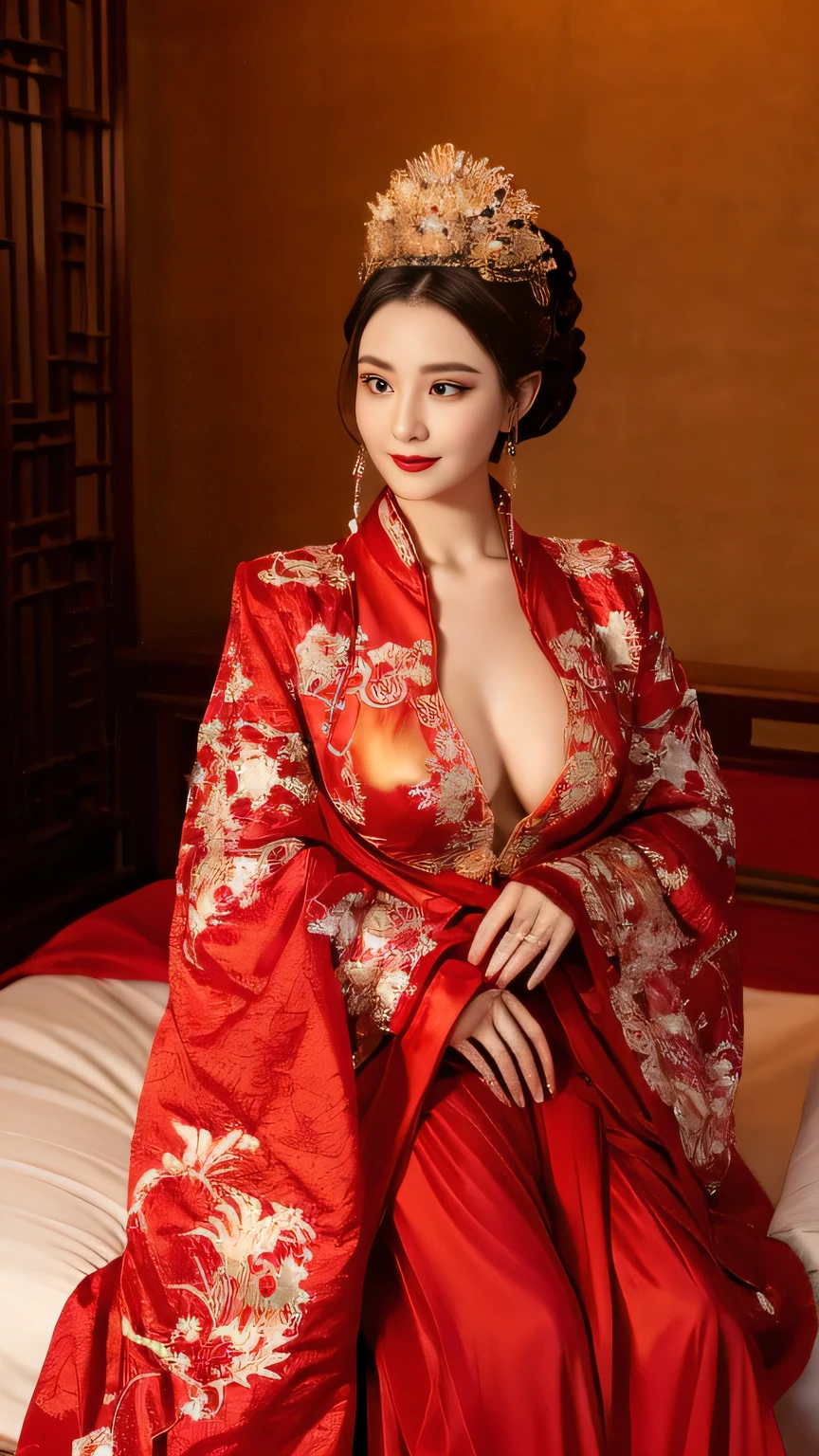 (Hyper-realistic 8K CG: 1.2), Perfect work of art, Exquisite patterns, Intricate details, (An unrivalled masterpiece, best quality: 1.2), (Extremely complex: 1.2), woman in red and gold dress, ((dark brown hair, Big tits:1.2 )), (Low-cut，Deep V),Phoenix Coronet, hair stick, (Red bed: 1.3), cosmetic, blush, Shy, (Smile),Black_hair, Looking at the audience, cosmetics, (Lace，silk), (chiffon:1.5),Focus on her breasts， (Faint areola:1.5),，Chinese_clothing, ((Red loose comfortable clothing:1.4)),(Large Breasts),D cup ，curtain, earrings, hair_decorate,Hanfu, Internal, Jewelry, Red nails, long_sleeve, （On the Red Bed，Red pillow:1.6） ，（minuscule underwear:1.5），Red Dress, red lips, tassel, (Red pillow,Red quilt), (Red Hi Word: 1.2), (ancient Chinese architecture),, night,（wedding），（Marriage room），Chinese style marriage room，（Phoenix Coronet:1.5）,（bridal chamber），(A soothing look:1.5),