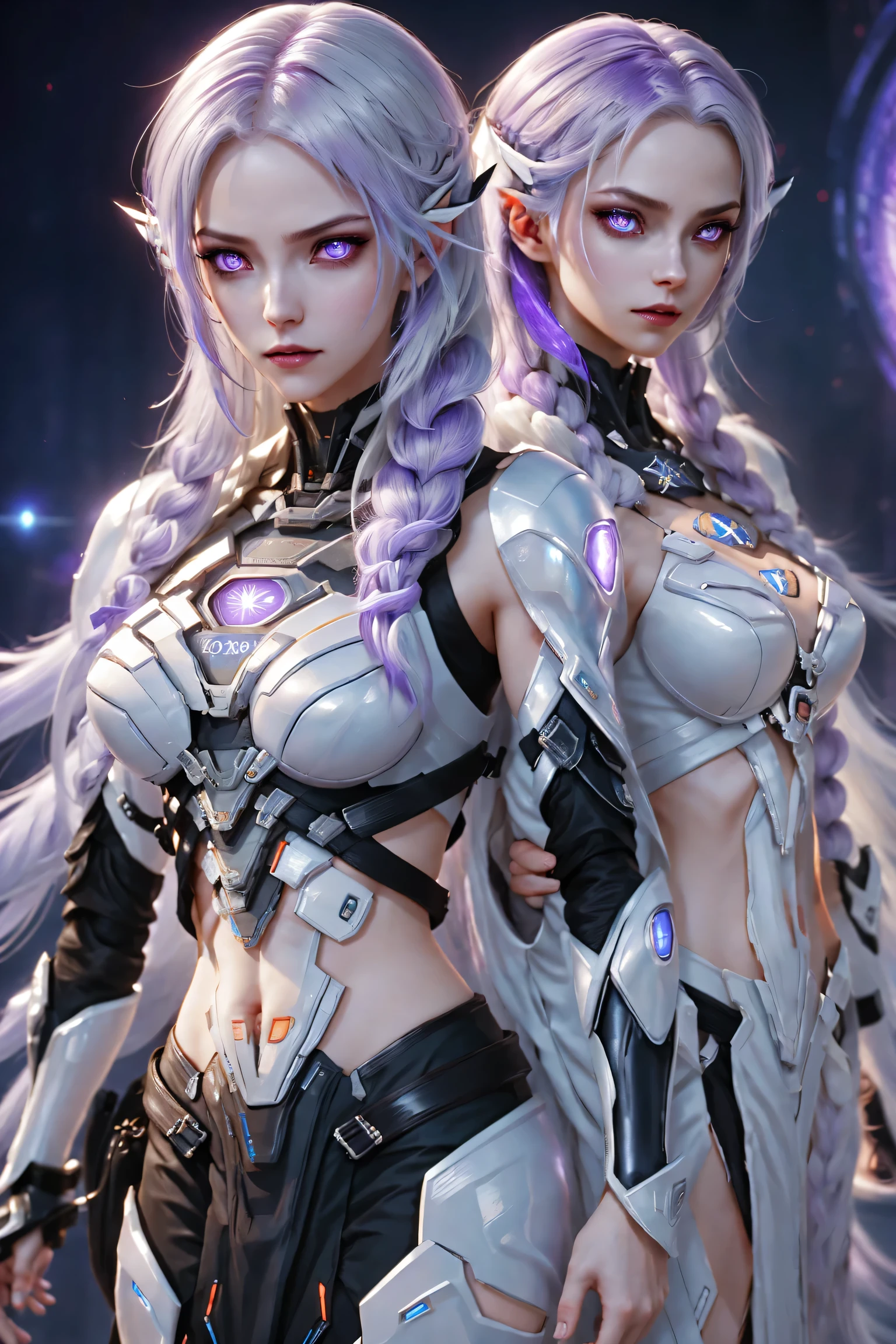 Two girls cyborg standing side by side, yinji, purple hair, purple eyes, long hair, white hair, double braids, gradient hair, highly detailed, intricate machinery, glossy metal skin, glowing blue lights, complex circuitry, futuristic technology, edge light, dramatic lighting, beautiful starry background, octane rendering, cool, personality, brave, realistic 3D render, cinematic composition, award winning digital art, best quality, masterpiece, illustrations, very exquisite and beautiful, very detailed, CG, unity, wallpaper, stunning, exquisite details