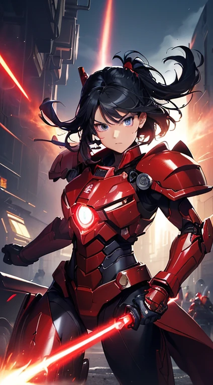 最high quality、Best image quality、masterpiece、With a girl((red and blue mechanical body armor、red mechanic arm、purple leg arms、Shining gold body line、、Ten generations、cute、Best Bust、Large bast,Beautiful light blue eyes、Spread your chest wide, Black Hair Semi-Long、Slender,Big Valley、Militant Movement,glowing whip、Aggressive face、Combat pose、red glowing shield、red glowing beam saber、cannon、Rocket Launcher)),high quality、Beautiful art、background((Mechanical City)))、depth((Black Giant Robot)),Tabletop、Depth of written boundary,Cinematic style