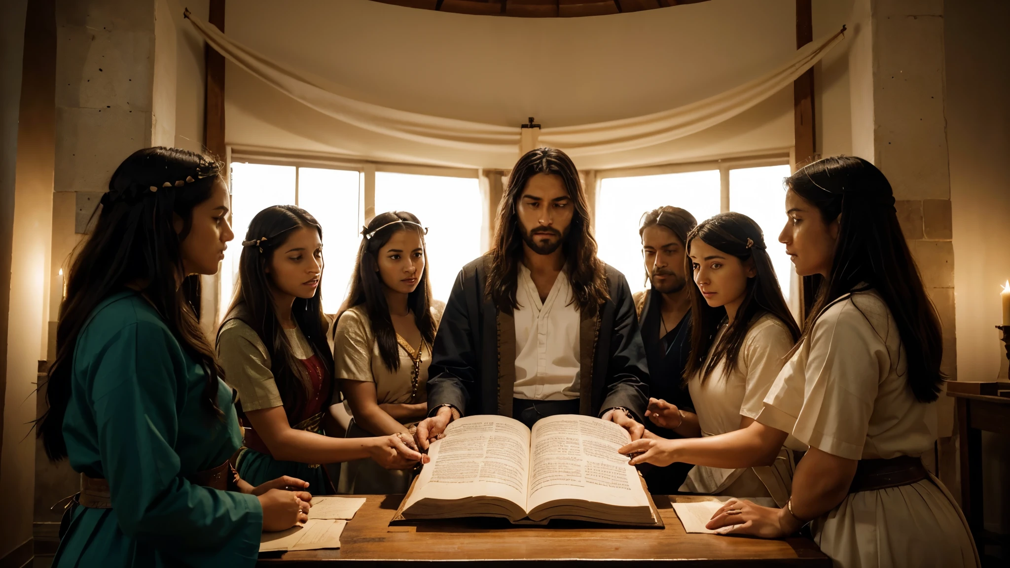 Create an evocative image that illustrates the significance of understanding the biblical context of Jesus' teachings on demons. Envision an ancient scroll unfurling, revealing passages from the Bible pertinent to this topic. Surrounding the scroll, depict symbolic imagery representing the historical and cultural milieu of biblical times, such as depictions of ancient Judean landscapes, temple architecture, and figures clad in traditional attire. In the foreground, portray Jesus delivering his teachings to a diverse group of listeners, emphasizing the importance of contextual understanding. The scene should exude an aura of reverence and scholarly inquiry, inviting viewers to explore the depths of biblical wisdom.